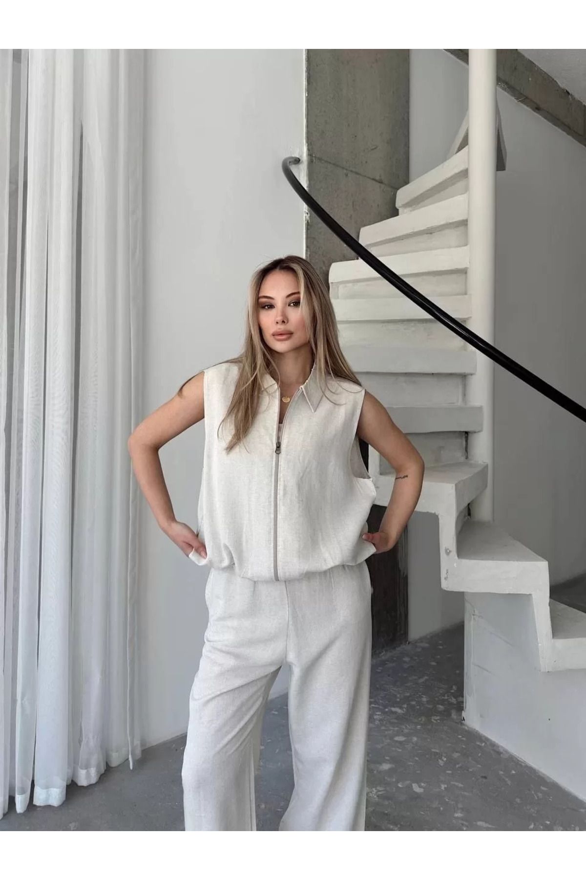 REKA MODA Keten Tam Fermuarlı Kolsuz Ceket Pantolon ikili Takım- Beyaz