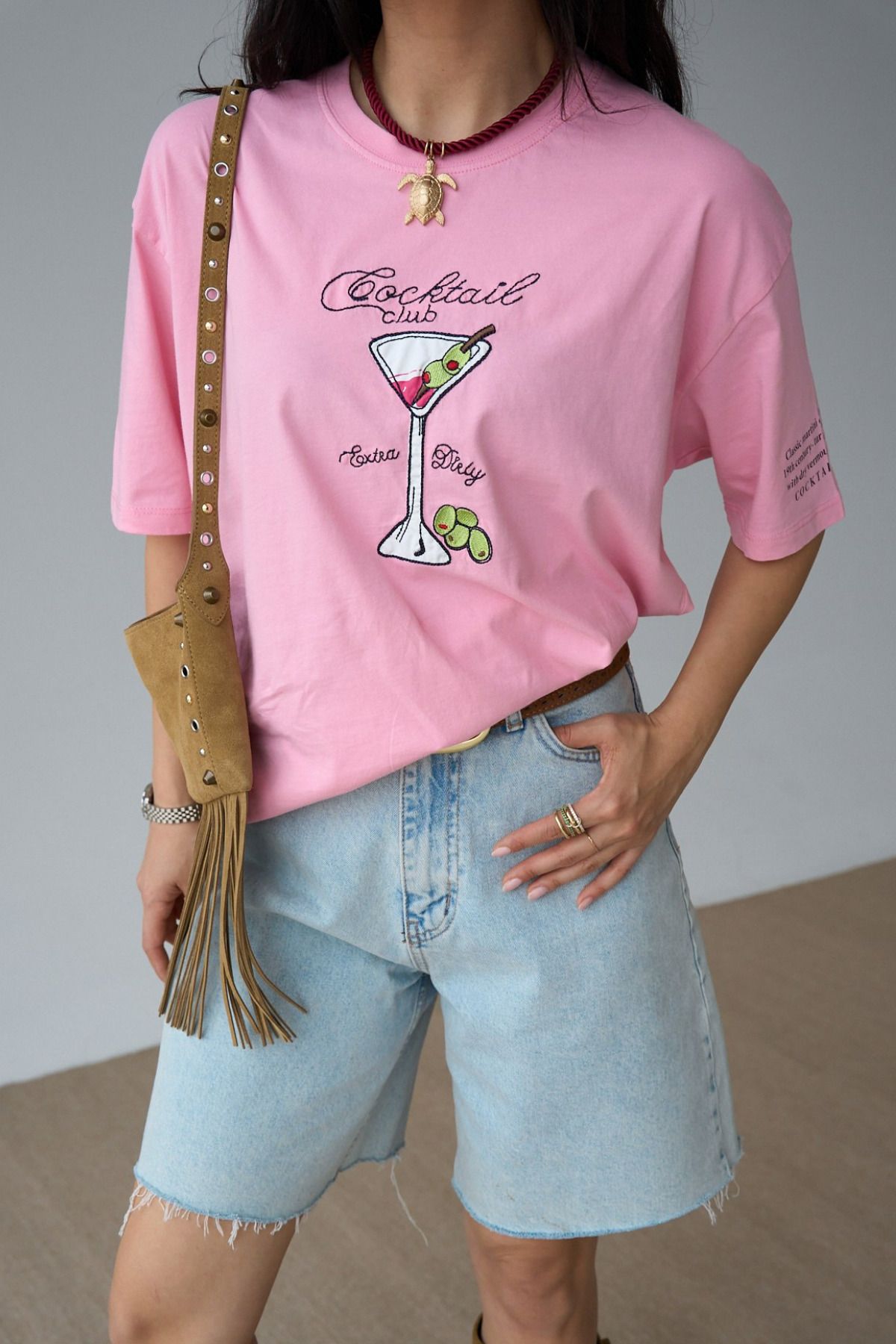 LOOSH Kadın Pembe Bisiklet Yaka Baskılı Oversize Tişört