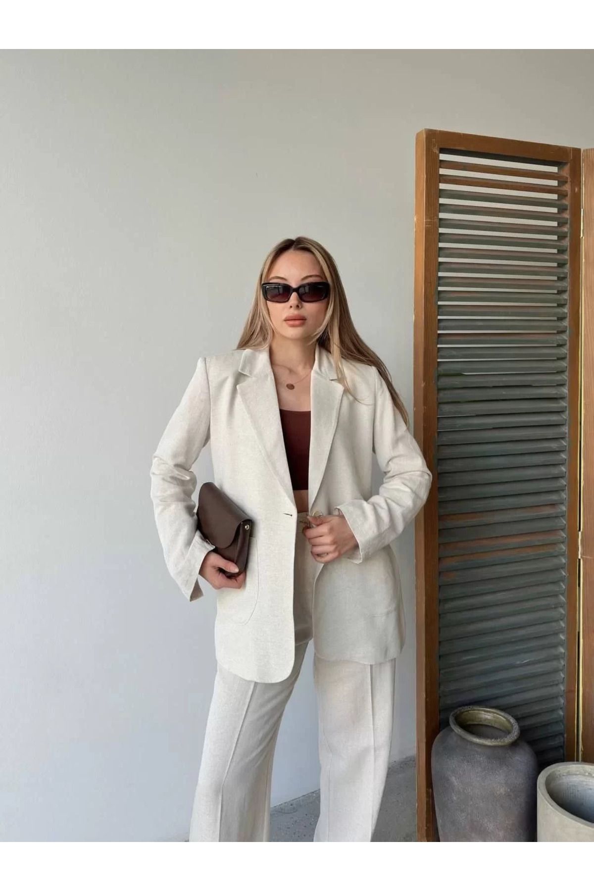 REKA MODA Keten Ceket Pantolon ikili Takım - Beyaz