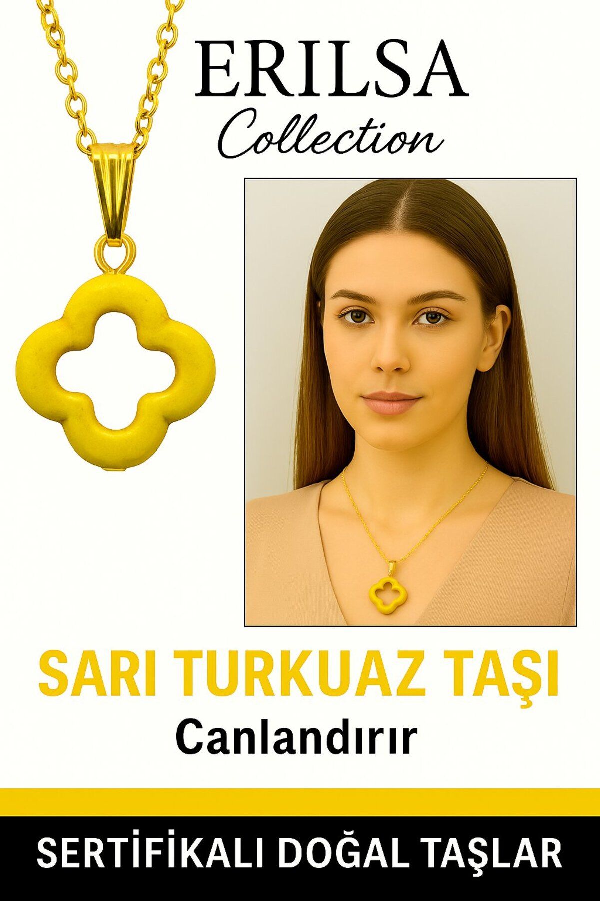 Erilsa Sertifikalı Gold Yonca Model Sarı Turkuaz Taşı Kolye Neşe Verir