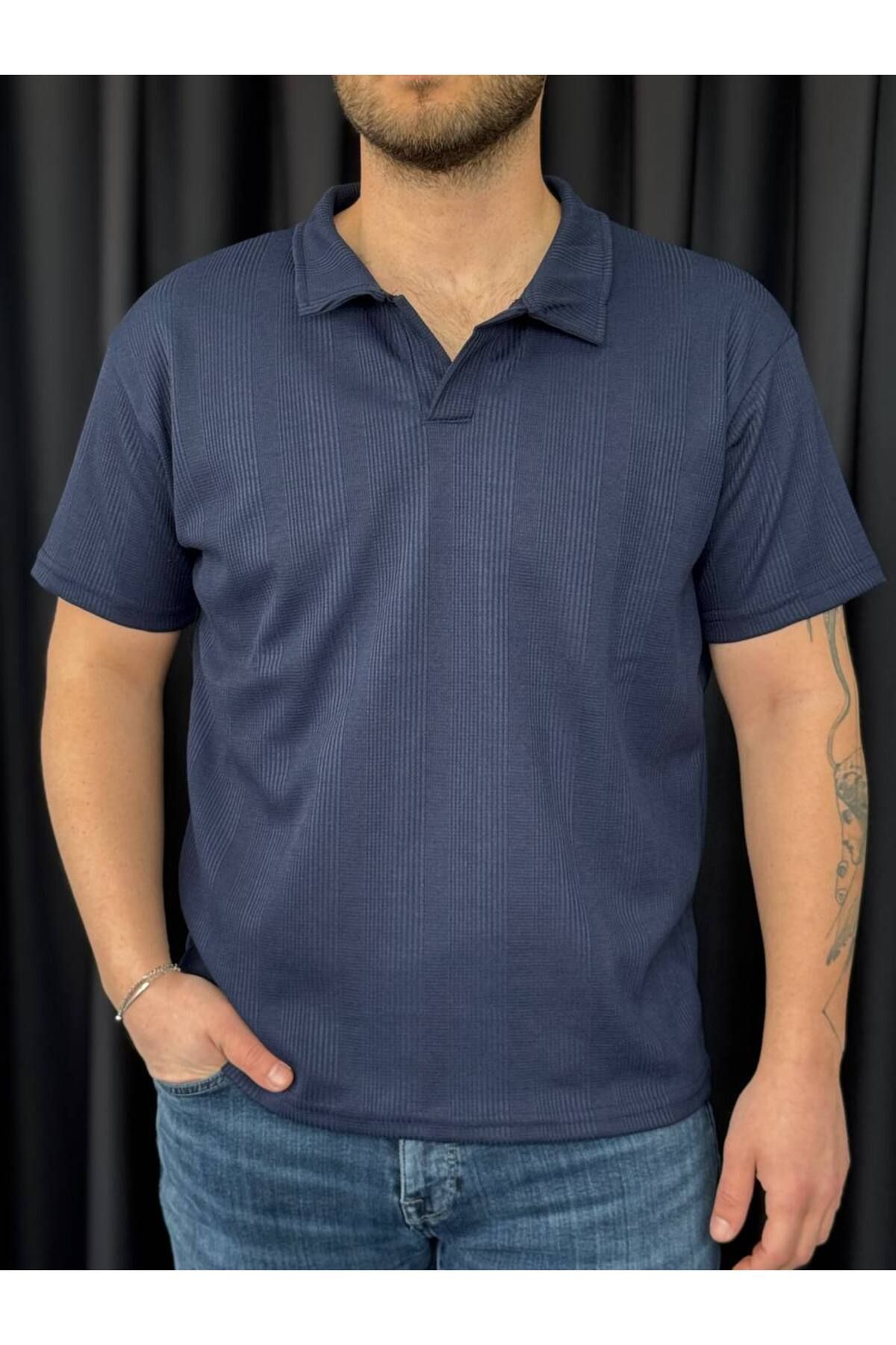 VOGUEMET ✅ Polo Yaka Erkek T-shirt – Petekli Kumaş, Şık ve Serin Tutar
