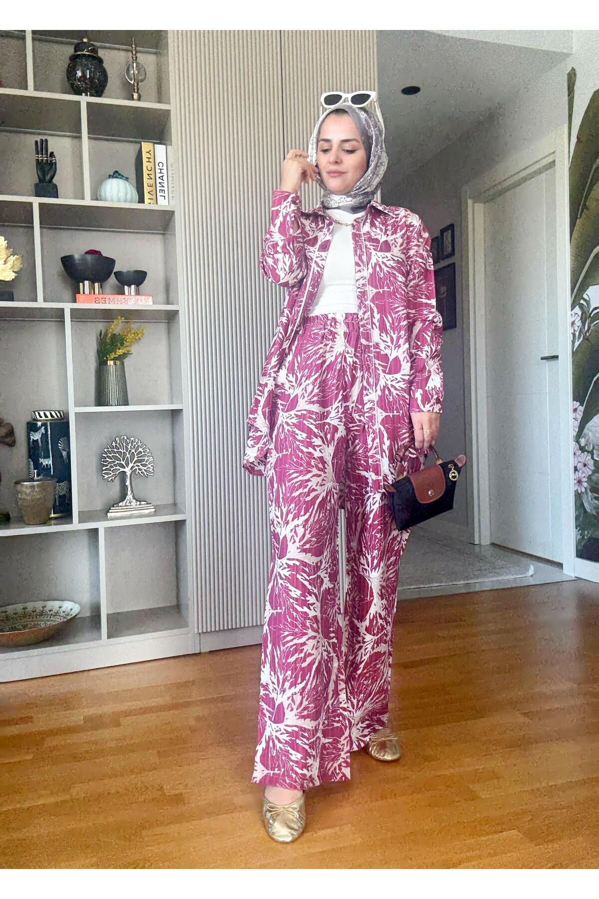 Aselim Hijap Moda Pamuk Keten Desenli Biyeli Gömlek Takım Pembe