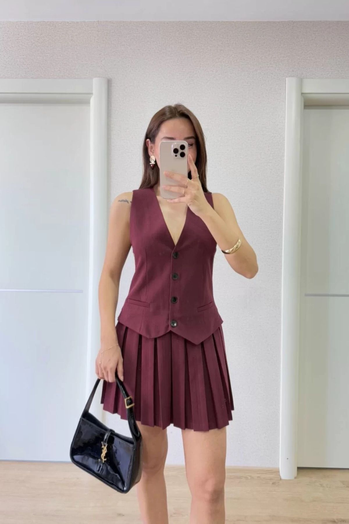 İndigo Park Yelekli Mini Elbise- Bordo-Bej-füme Seçenekleriyle