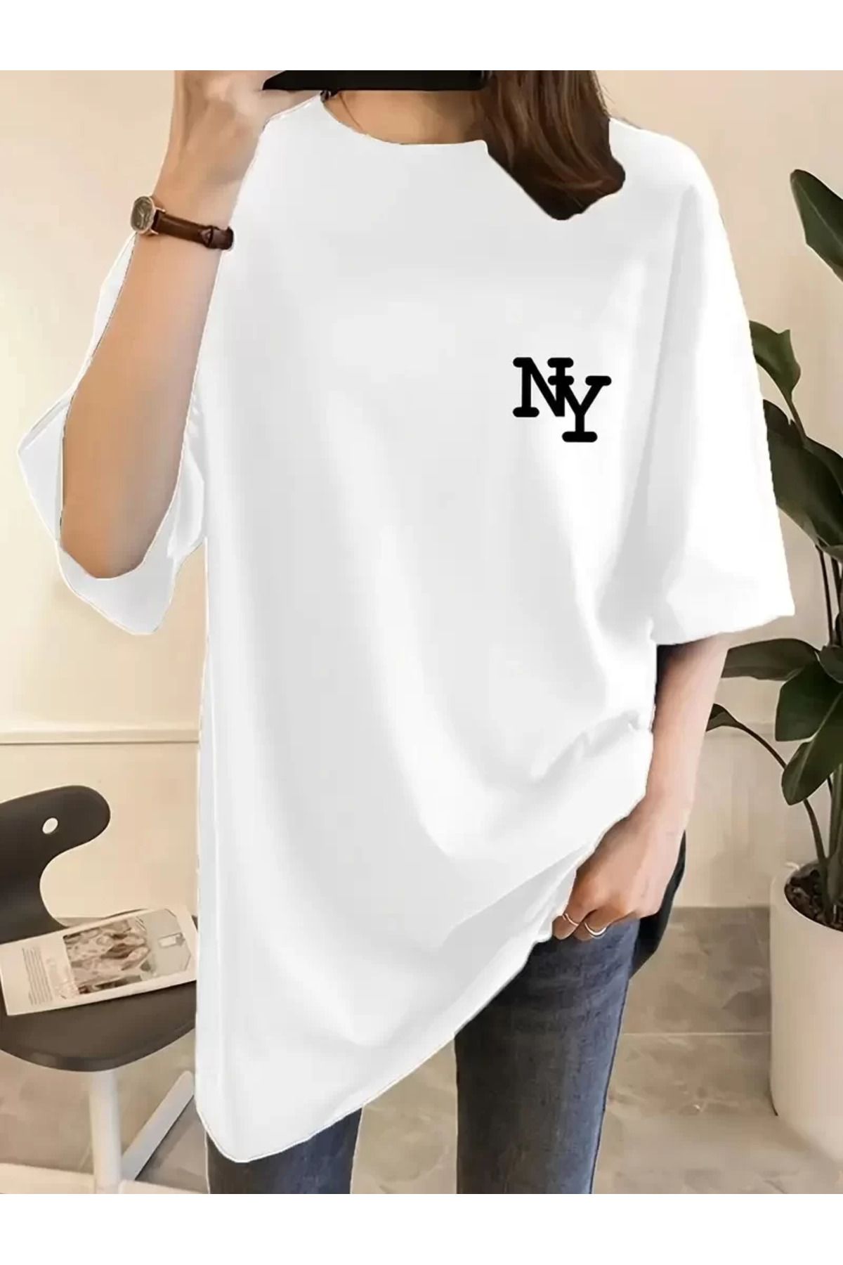 REKA MODA Baskılı Oversize Bisiklet Yaka T-shirt - Beyaz