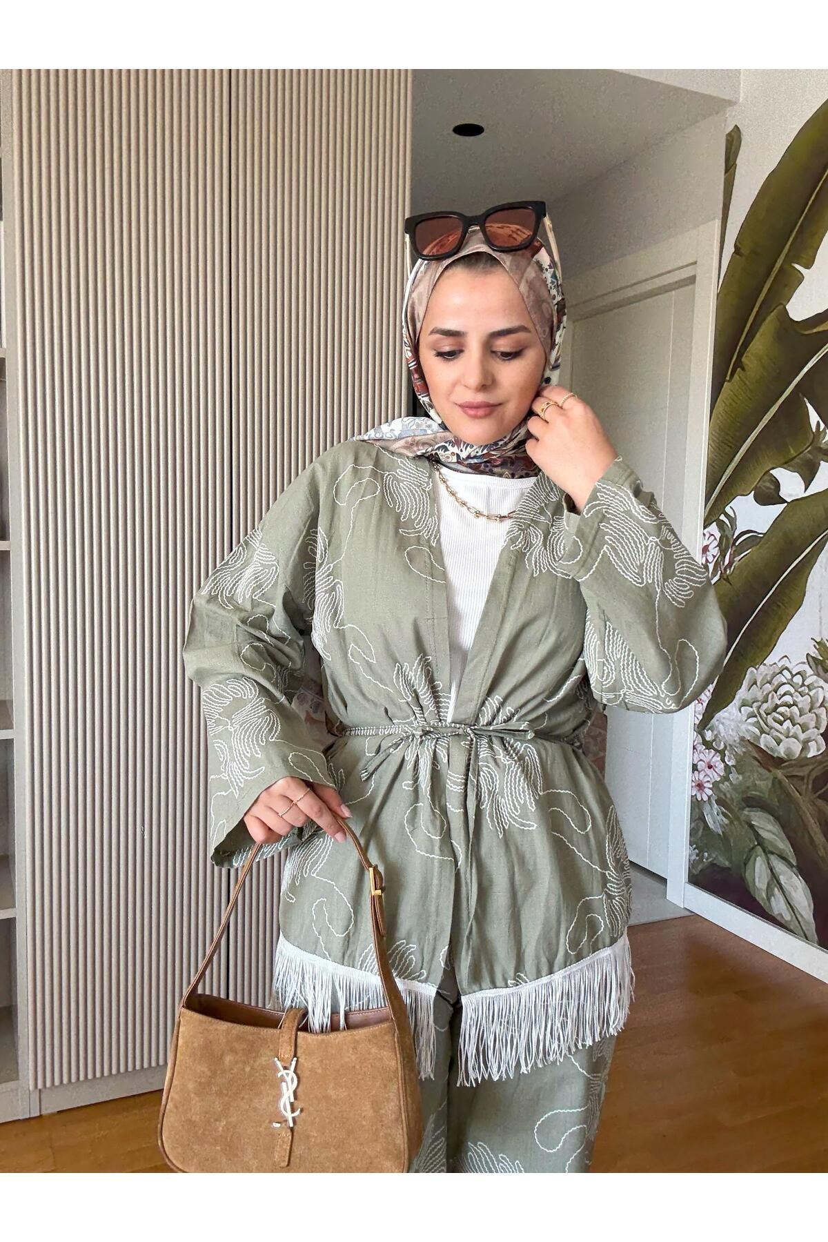 Aselim Hijap Moda-3-Piece Tasseled Kimono Set Tunic+Underwear+Pants Green 2