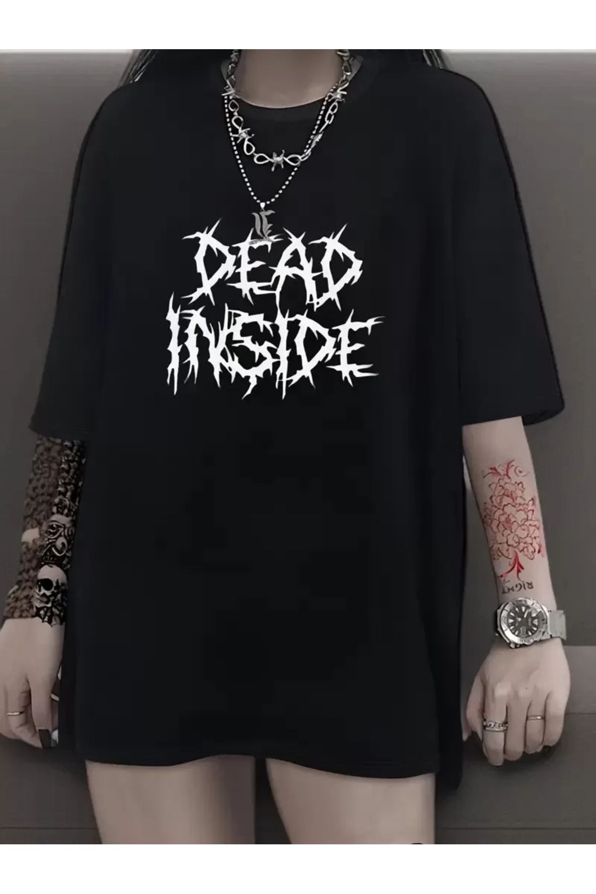 REKA MODA Baskılı Oversize Bisiklet Yaka T-shirt - Siyah