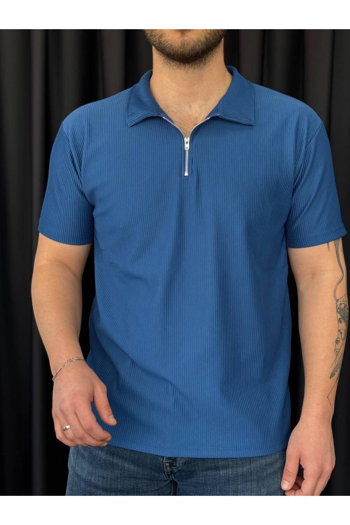 VOGUEMET ✅ Erkek Ottoman Kumaş T-shirt – Polo Yaka, Yarım Fermuar Detaylı