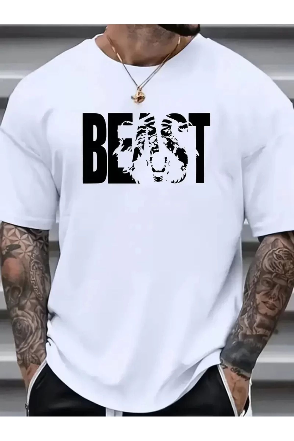 REKA MODA Baskılı Oversize Bisiklet Yaka T-shirt - Beyaz