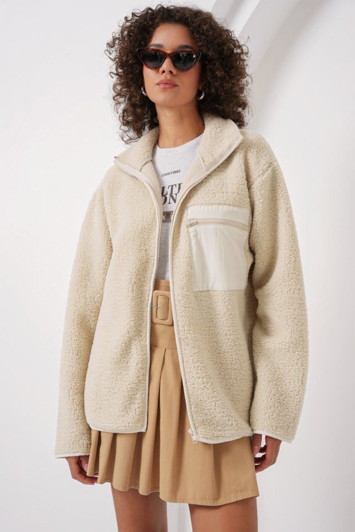 Şair 55446 Fermuarlı Oversize Peluş Ceket Mont - Krem