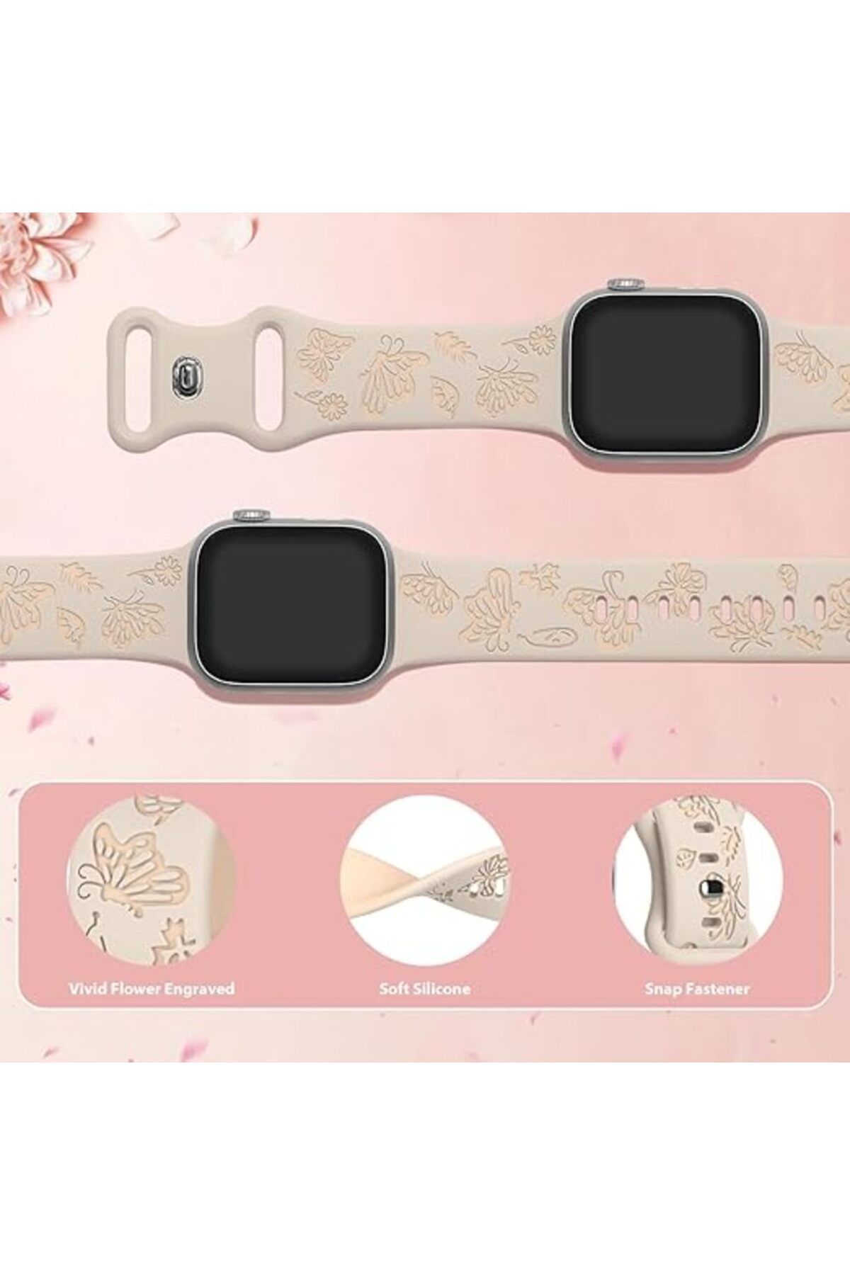 bbtech Apple Watch 42 44 45 46 49 mm Series 10 9 8 7 SE 6 5 4 3 Uyumlu Kelebek Desen Yumuşak Silikon Kordon