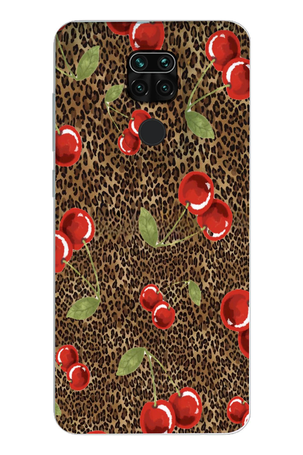 moonset Xiaomi Redmi Note 9 Uyumlu Leopar ve Kiraz Tasarımlı Baskılı Şeffaf Telefon Kılıfı