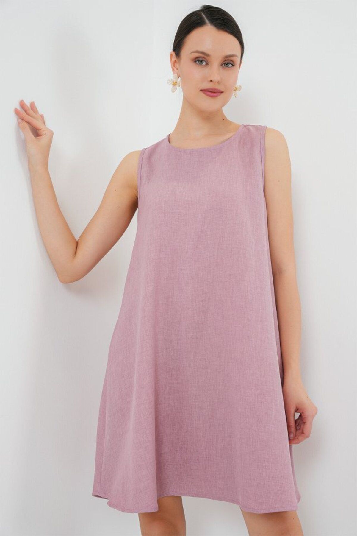 Şair 2444 Mini Keten Elbise - Pembe
