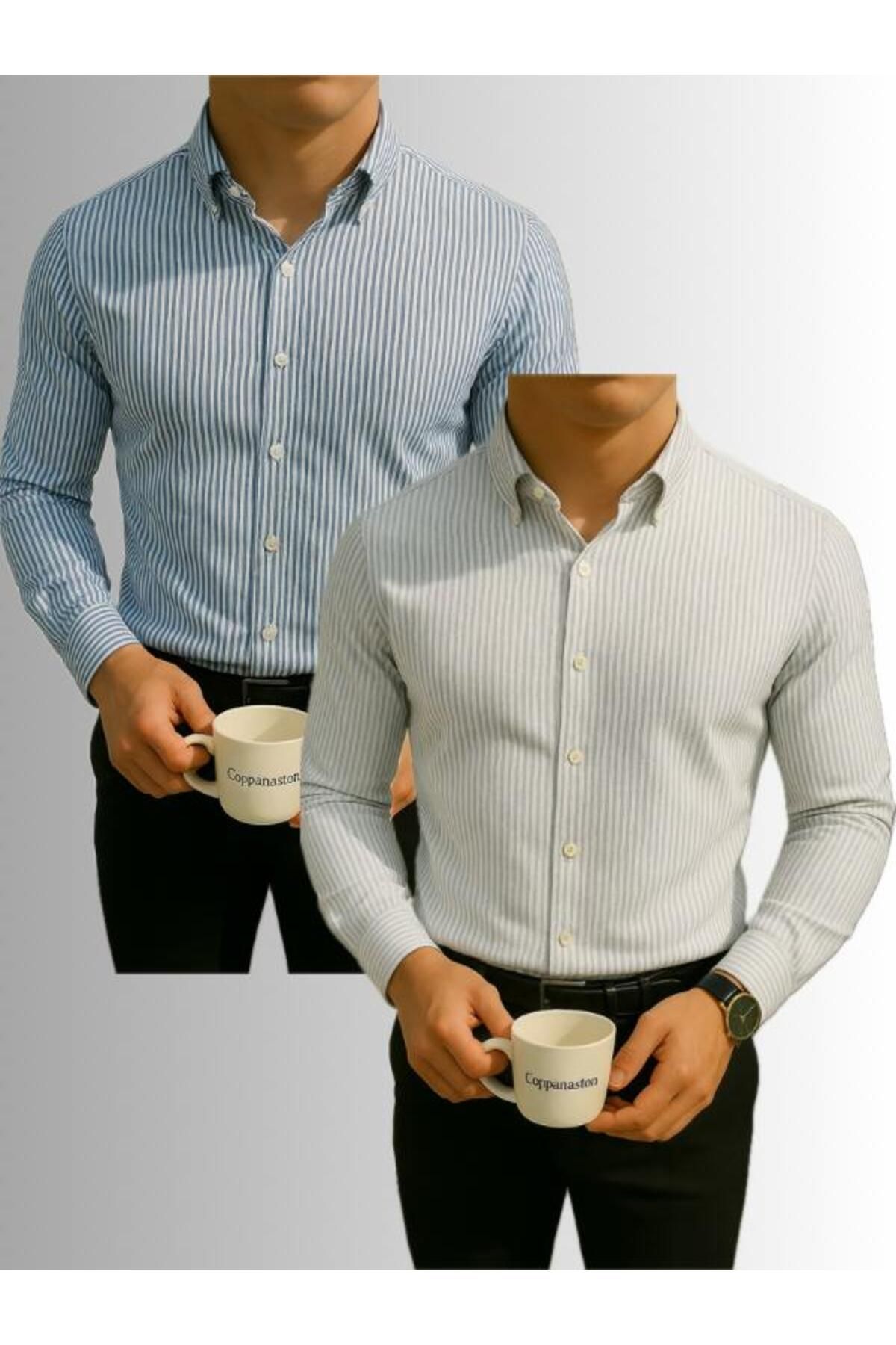 LC Waikiki 2'li Avantaj Slim Fit Uzun Kollu Düğmeli Kolay Ütü Çizgili Şık Premium Erkek Klasik Spor Gömlek