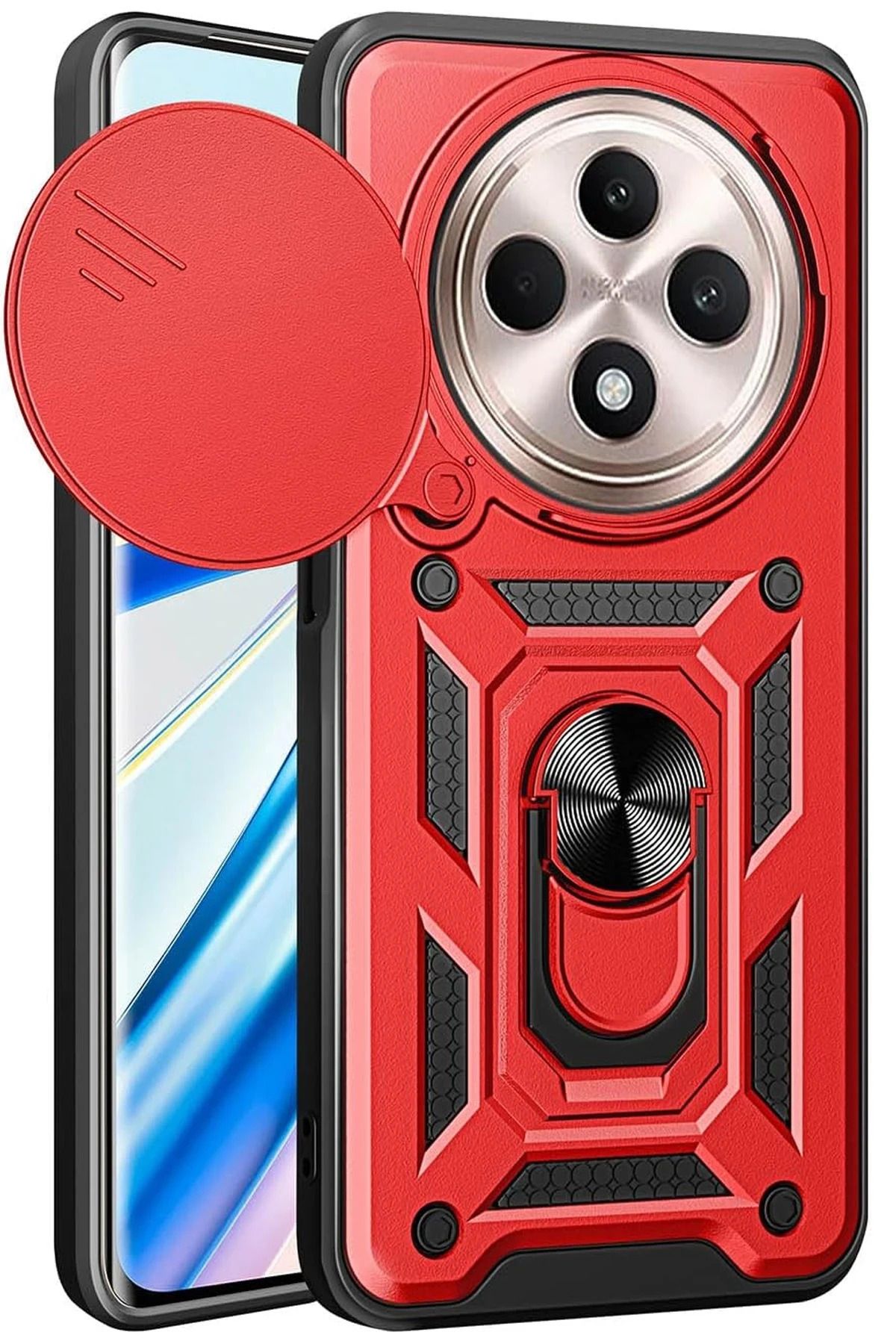 SEAS Xiaomi Redmi 14C Kılıf Tank Korumalı Standlı Yüzüklü Sürgülü Lens Koruma Kapaklı