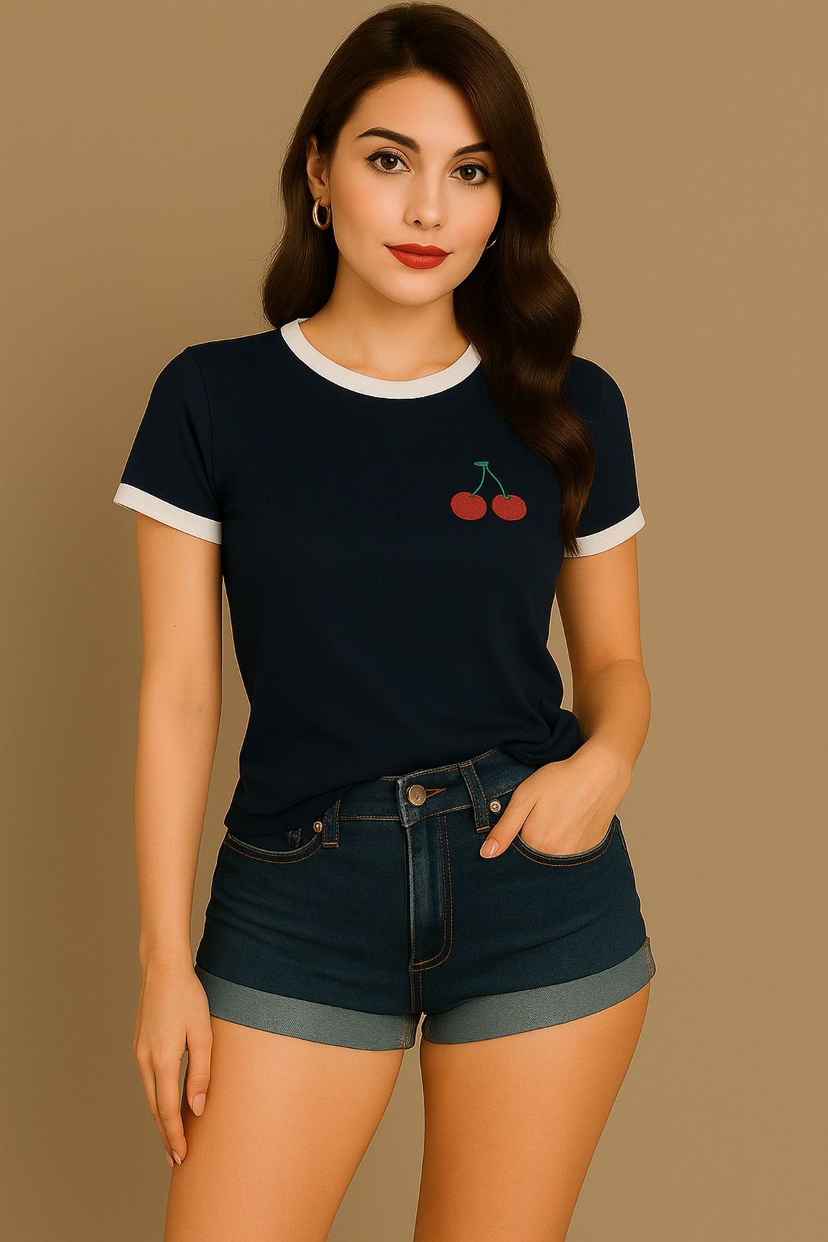 Sweetline Kiraz Baskılı T-Shirt - Lacivert Gövde Beyaz Biyeli Oversize Bisiklet Yaka Kısa Kol Tişört
