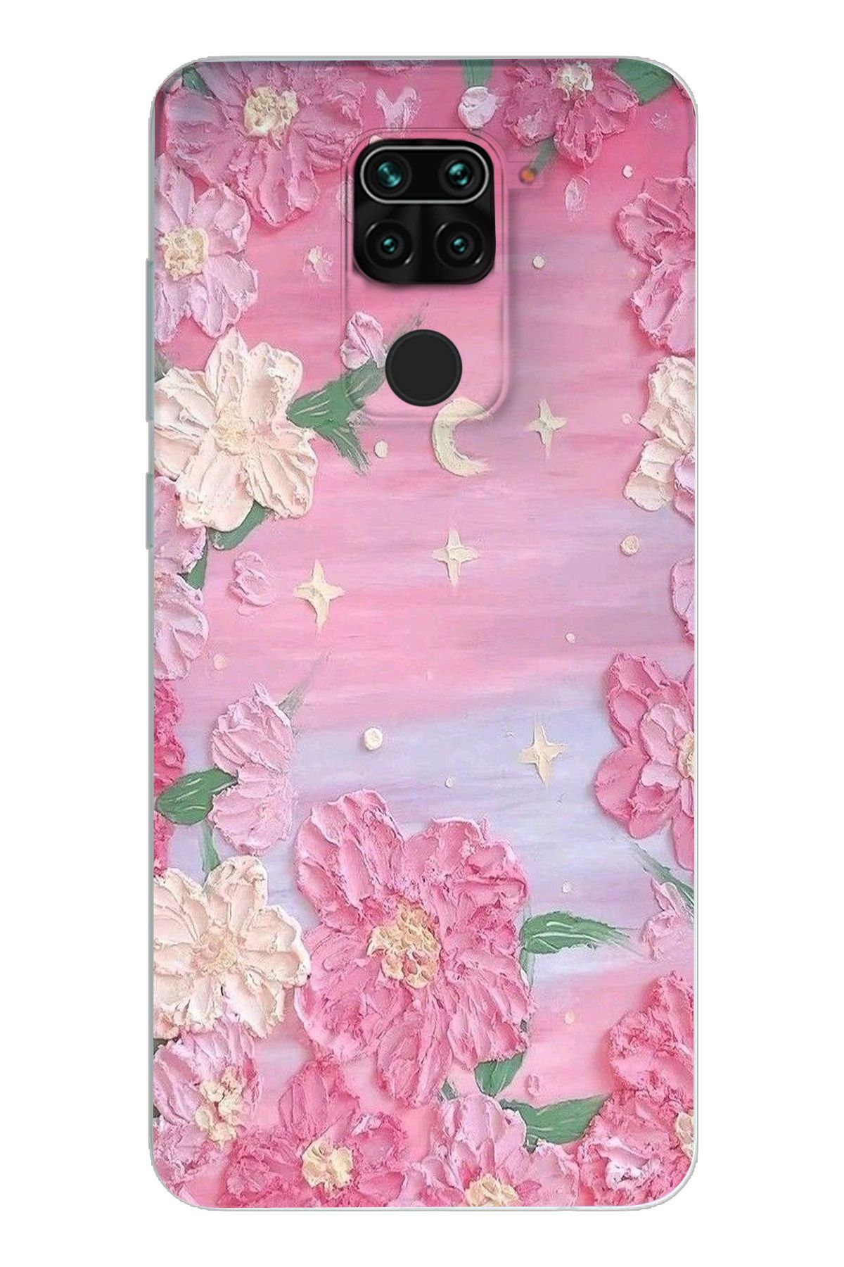 moonset Xiaomi Redmi Note 9 Uyumlu Pastel Çiçekler Tasarımlı Baskılı Şeffaf Telefon Kılıfı