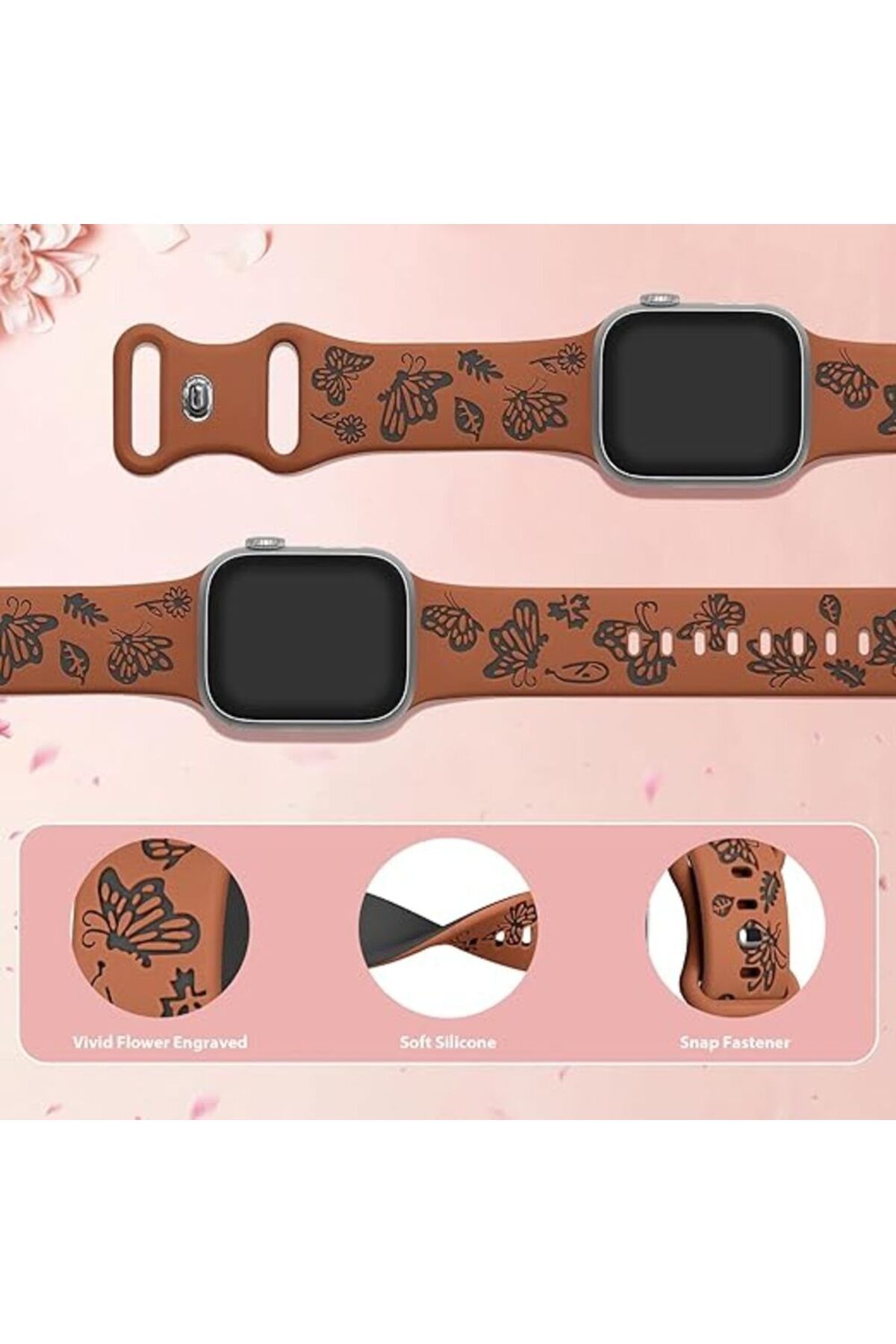 bbtech Apple Watch 42 44 45 46 49 mm Series 10 9 8 7 SE 6 5 4 3 Uyumlu Kelebek Desen Yumuşak Silikon Kordon