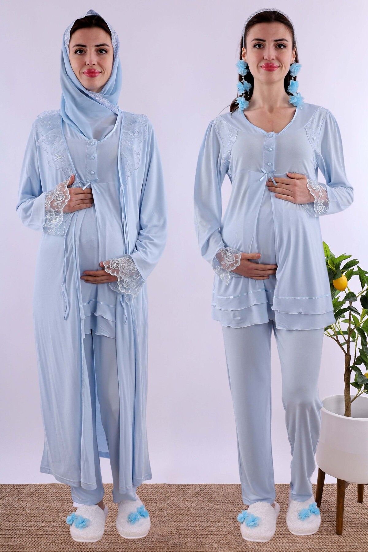 ByLohusa Effortt Mavi Tesettürlü Sabahlıklı Hamile Lohusa Pijama Takımı Byl2t24242