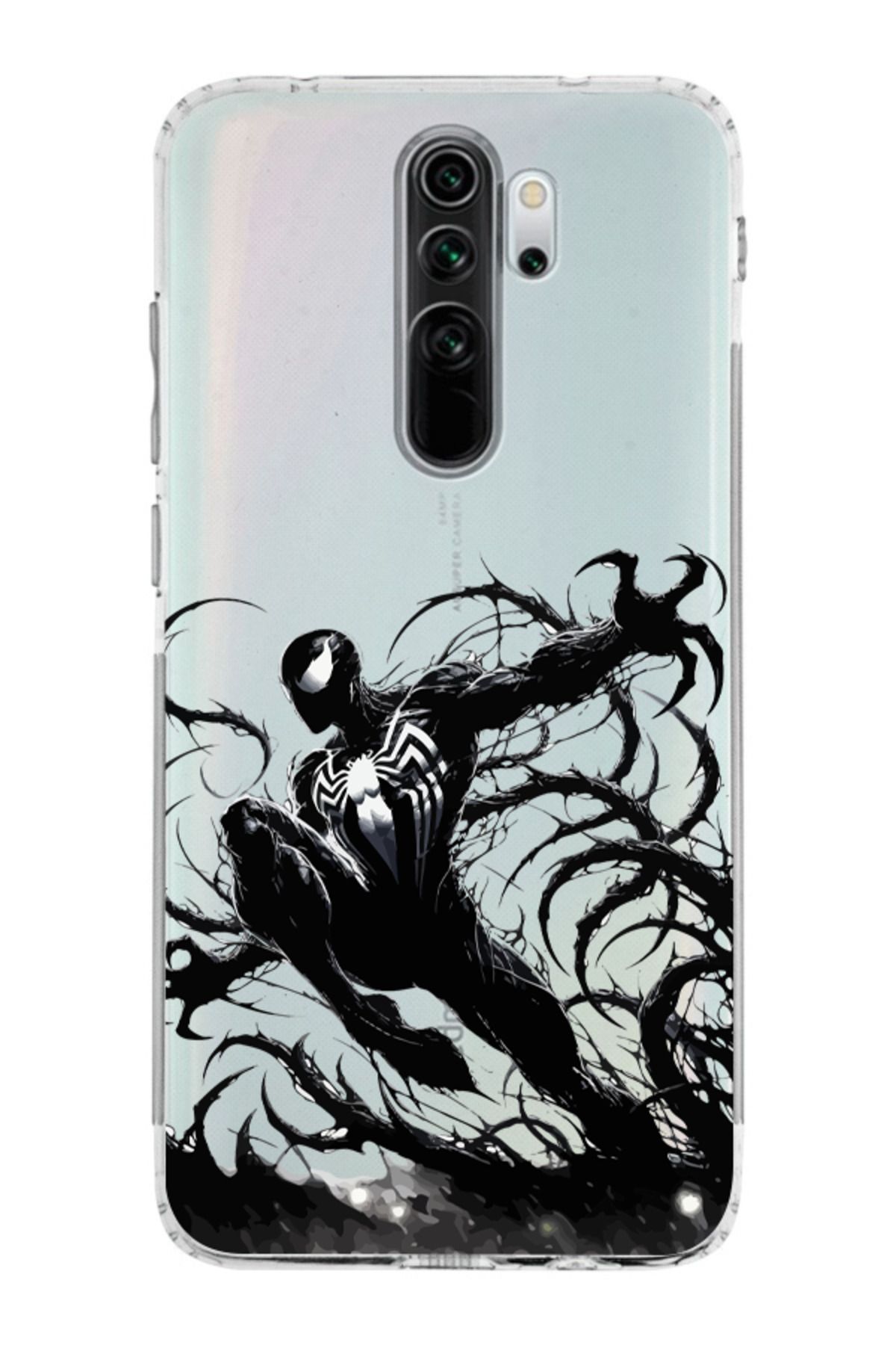 moonset Xiaomi Redmi Note 8 Pro Uyumlu Siyah Örümcek Tasarımlı Baskılı Şeffaf Telefon Kılıfı