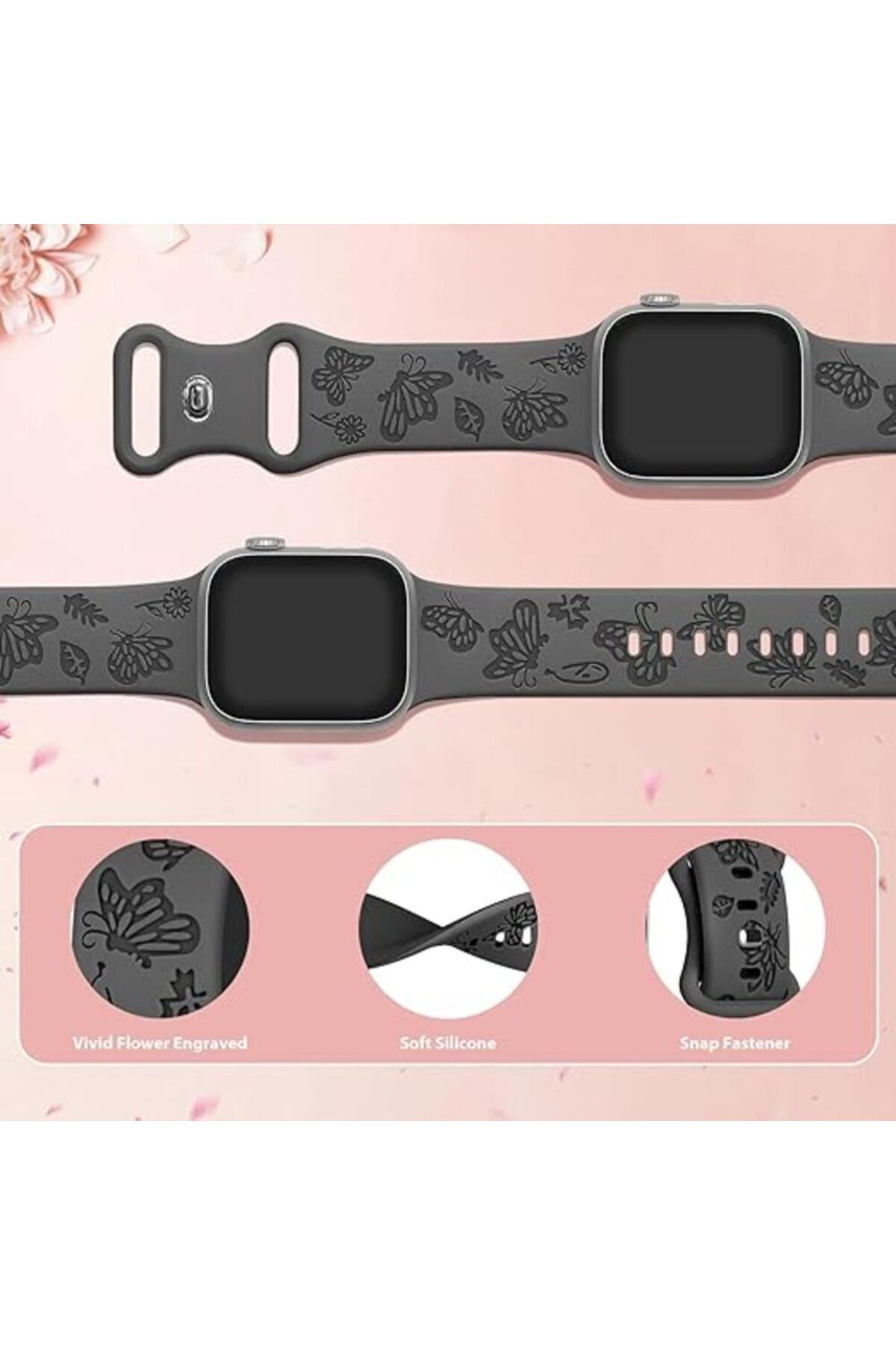 bbtech Apple Watch 42 44 45 46 49 mm Series 10 9 8 7 SE 6 5 4 3 Uyumlu Kelebek Desen Yumuşak Silikon Kordon