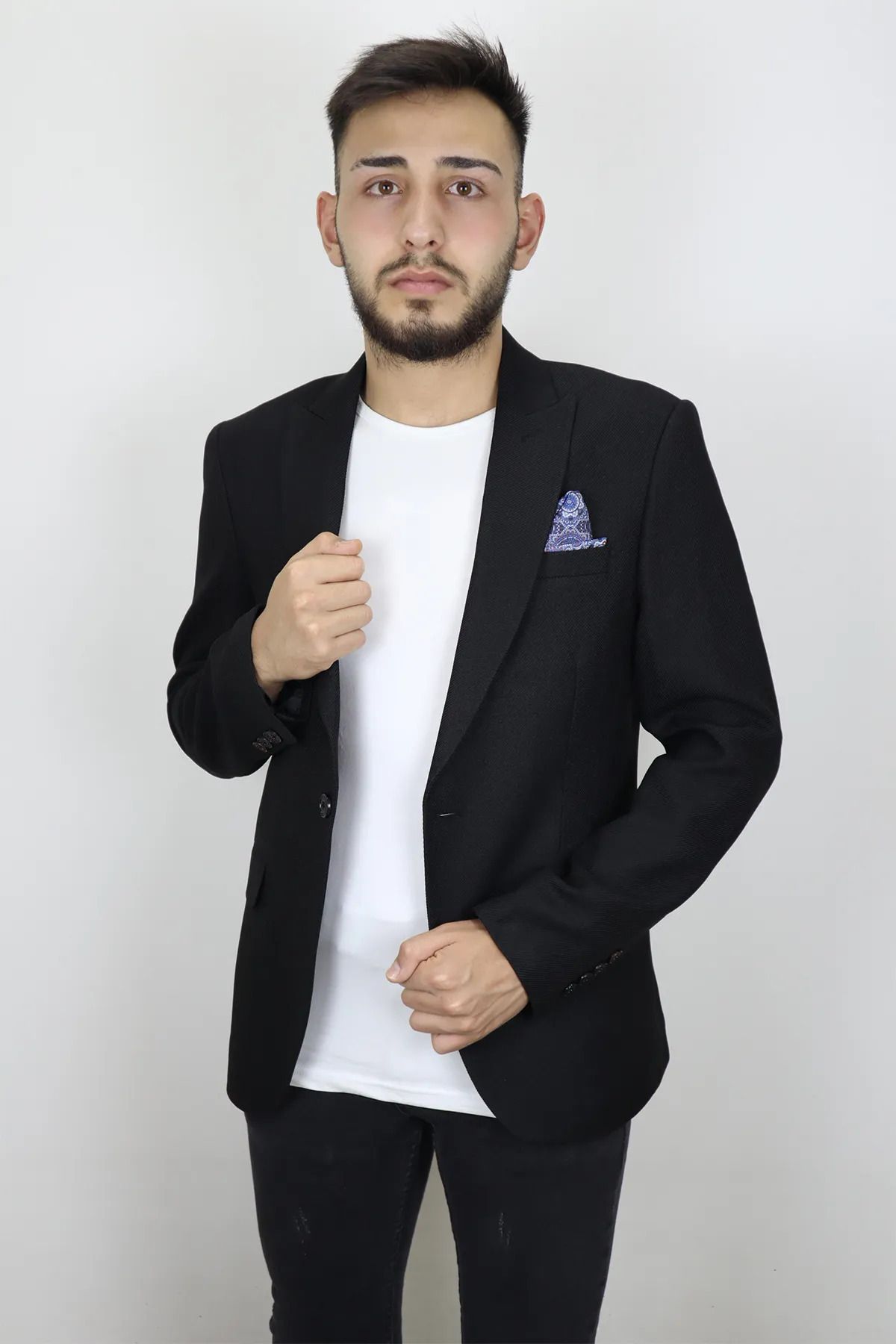 DUAYEN Fistan Store Erkek Siyah Armürlü İtalyan Kesim Dar Kalıp Tek Düğme Yazlık Blazer Ceket