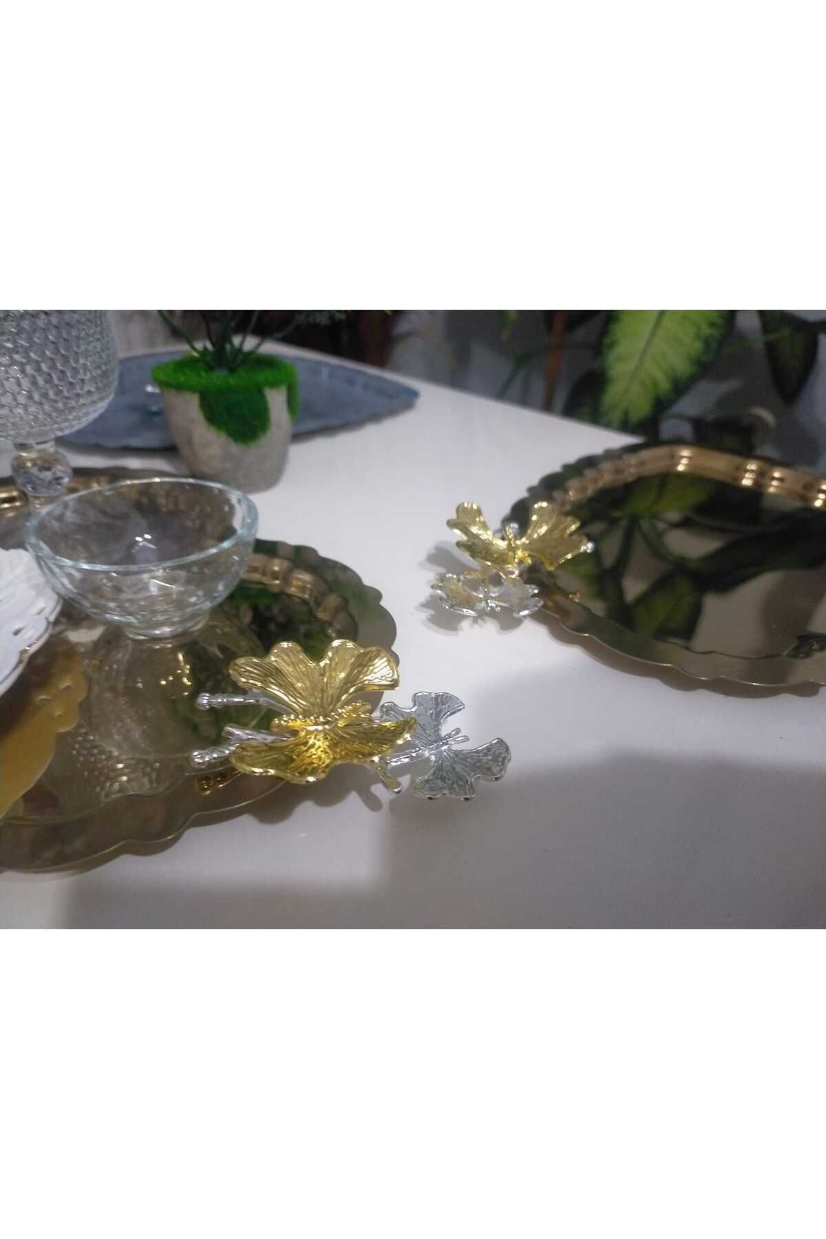 SUN INOX STORE 6 Adet Kalpli Model Gold Kelebek aksesuarlı Dekoratif Çay Kahve Sunum Tepsisi