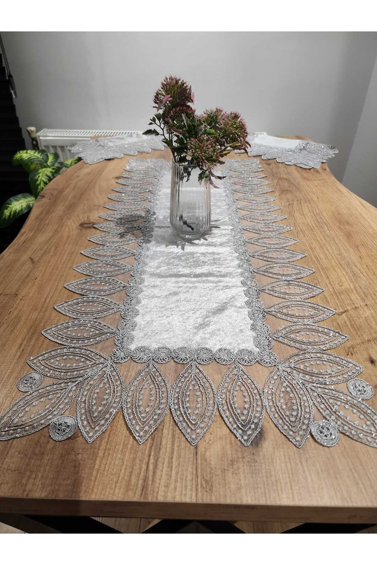 YALINSHOME MASA ÖRTÜSÜ LÜX Tasarım 3 lü set dantel nakış işlemeli RUNNER:95X40 PEÇETE:40X40