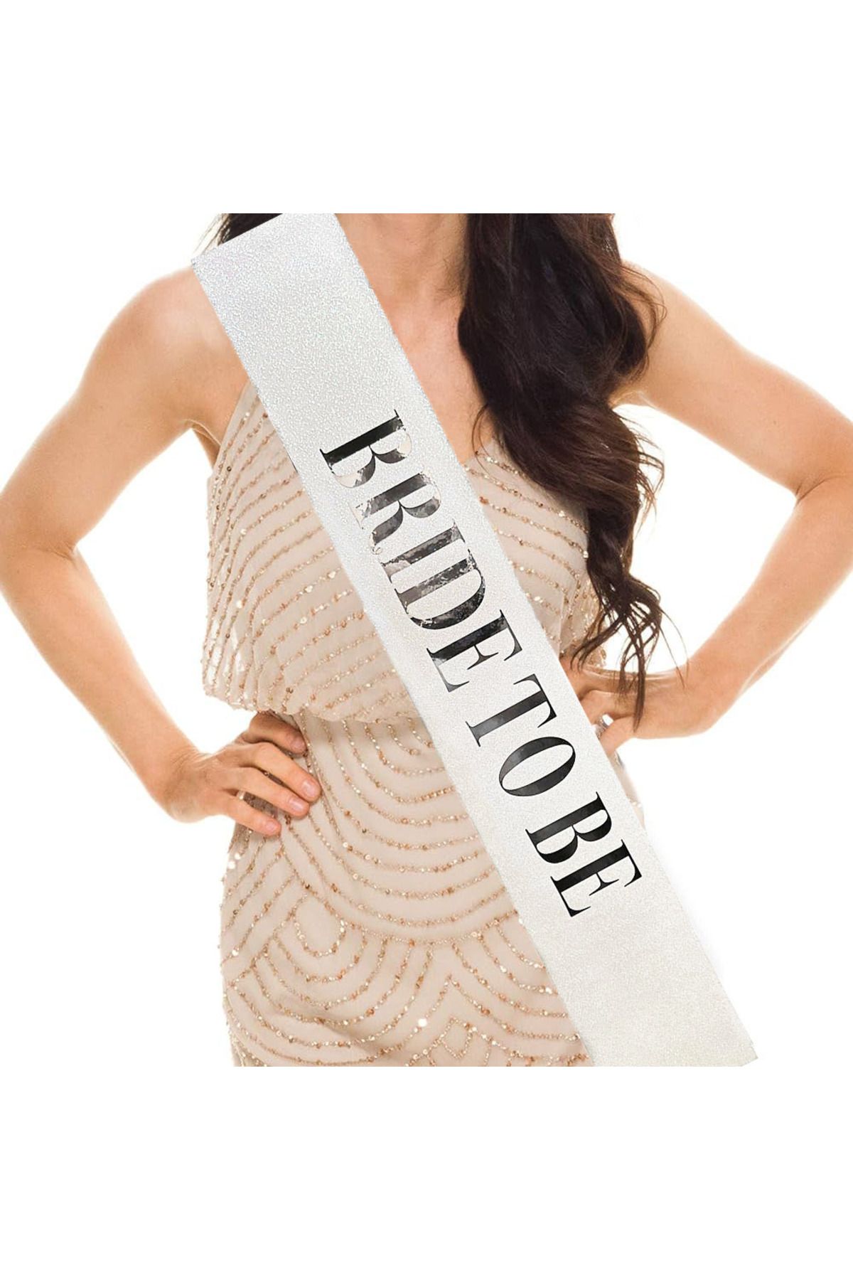 ShopZum Beyaz Üzeri Gümüş Büyük Bride To Be Yazılı Simli Işıltılı Kuşak Kemer 10 cm Genişlik