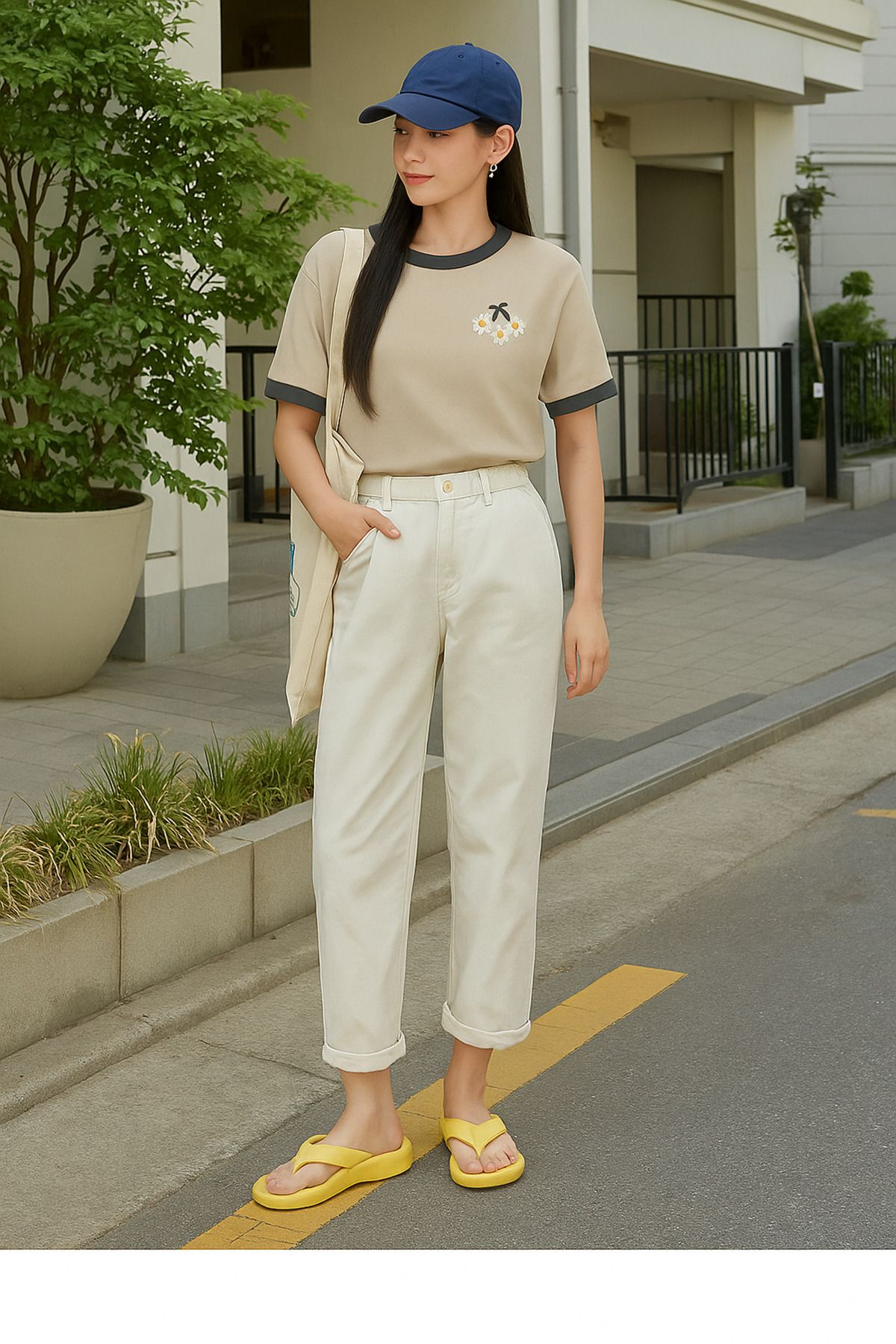 DUBU BUTİK Papatya Baskılı Bej Gövde Füme Biyeli T-Shirt - Oversize Bisiklet Yaka Kısa Kol Tişört
