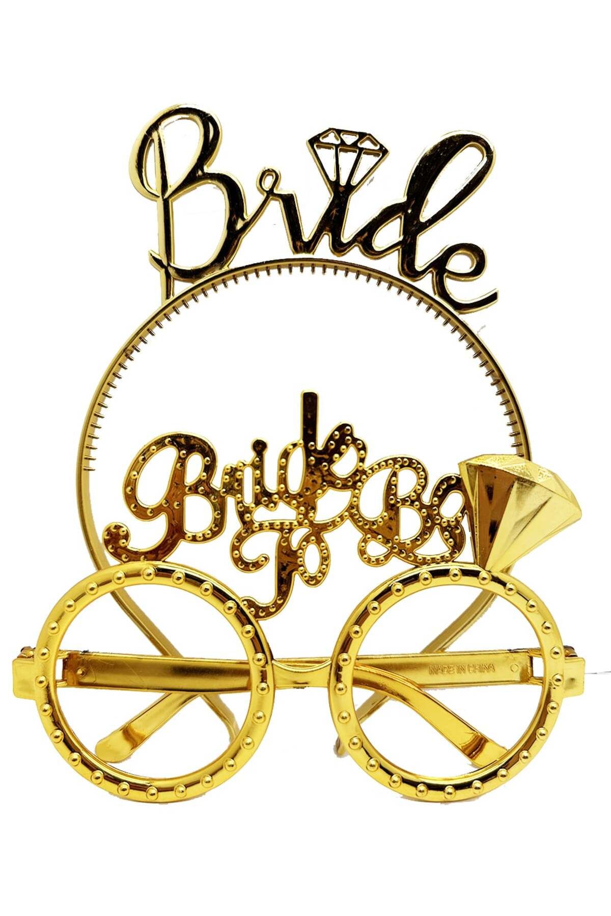 ShopZum Bride Yazılı Taç ve Bride To Be Yazılı Gözlük Seti Altın Renk