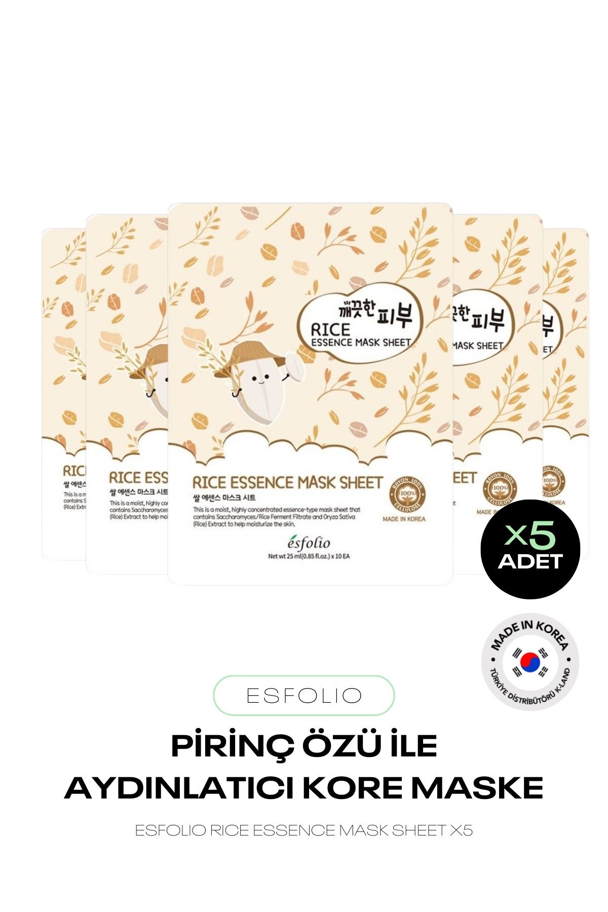 Esfolio x5 Avantajlı Set - Aydınlatıcı Kore Pirinç Maskesi Korean Rice Essence Sheet Mask Kağıt Maske