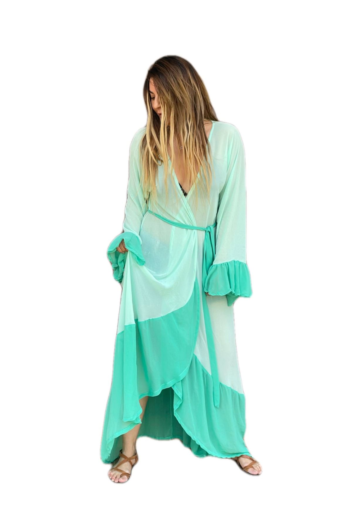 Şahika Gürkan To The Moon & Sun Yeşil Fırfır Detaylı Şifon Kimono Sabahlık