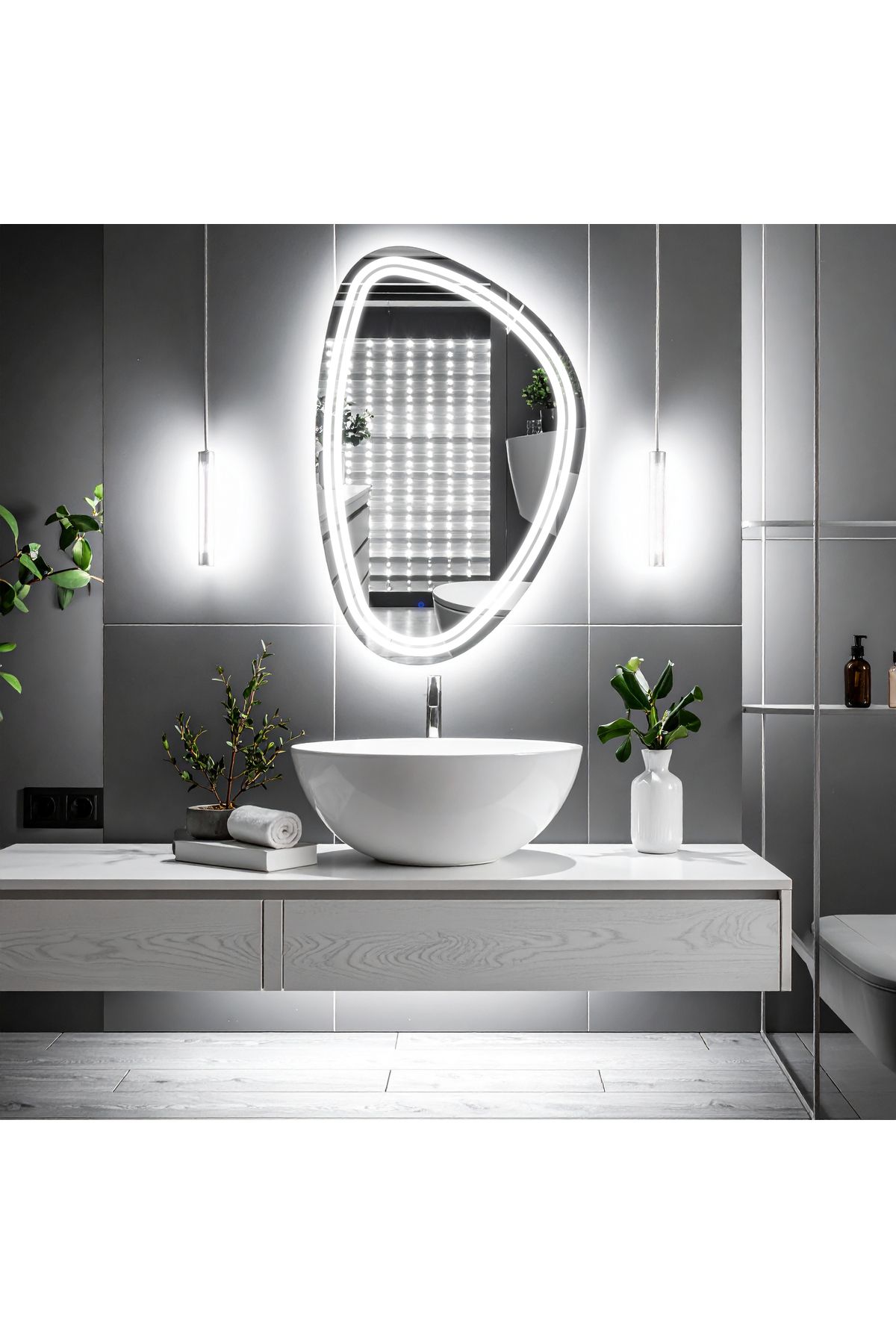 lumora mirror design Elan Asym Beyaz Led'li Kumlamalı Lavabo & Banyo Aynası (Dokunmatik Sensörlü)