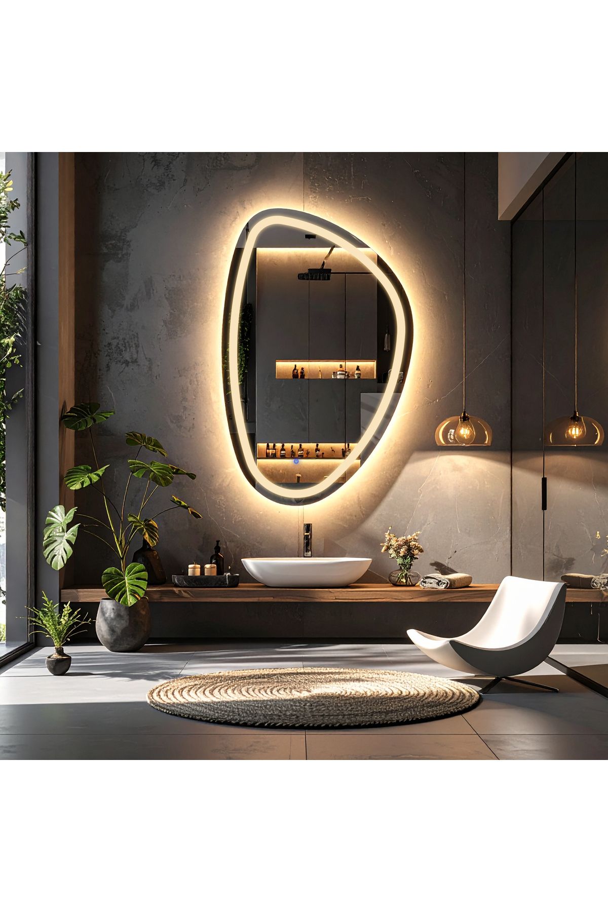 lumora mirror design Diagonale Günışığı Led'li Kumlamalı Lavabo & Banyo Aynası (Dokunmatik Sensörlü)
