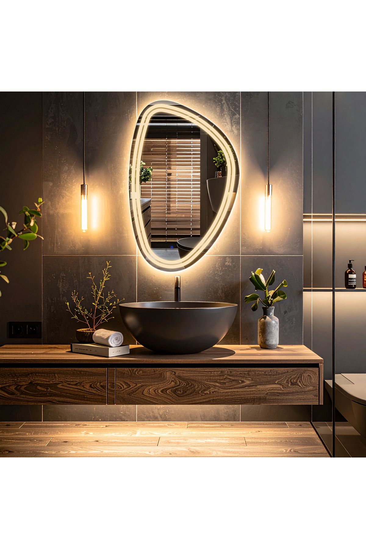 lumora mirror design Elan Asym Günışığı Led'li Kumlamalı Lavabo & Banyo Aynası (Dokunmatik Sensörlü)
