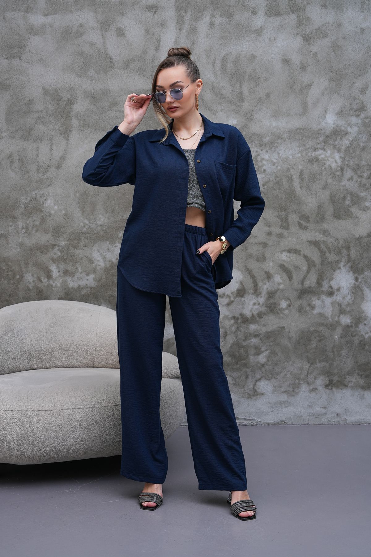 H&A İSTANBUL kadın oversize keten karışımlı kombin takim gömlek & bol paça pantalon