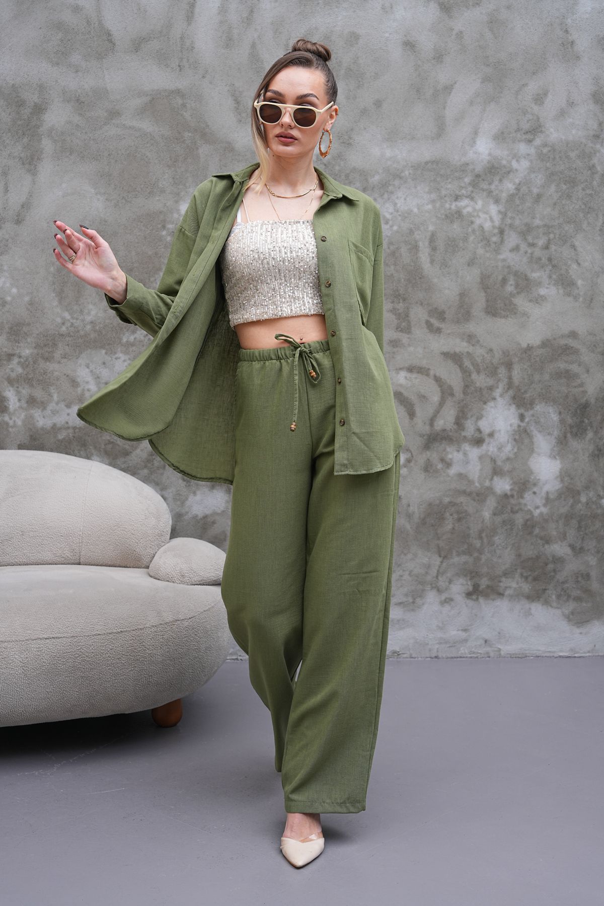 H&A İSTANBUL kadın oversize keten karışımlı kombin takim gömlek & bol paça pantalon