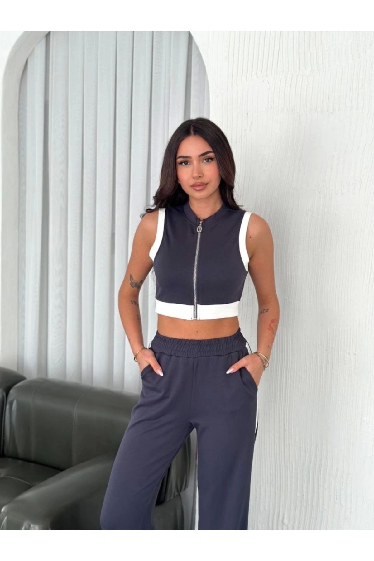 nedo7 Osy Modal Yumuşak Dokulu Kumaş Tam Fermuarlı Crop Pantalon İkili Takım - Antrasit