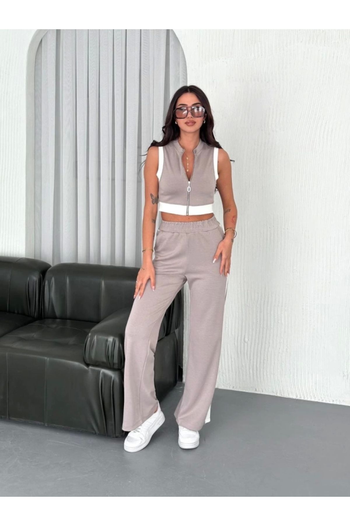 nedo7 Osy Modal Yumuşak Dokulu Kumaş Tam Fermuarlı Crop Pantalon İkili Takım - Gri