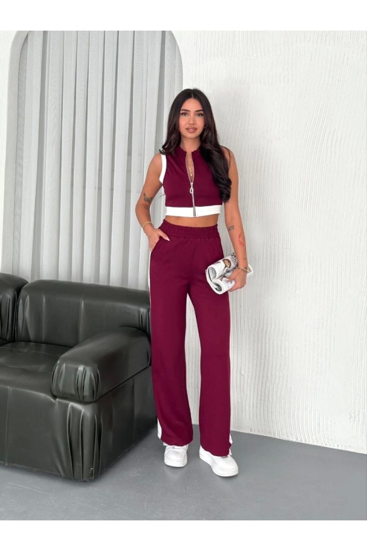 nedo7 Osy Modal Yumuşak Dokulu Kumaş Tam Fermuarlı Crop Pantalon İkili Takım - Bordo