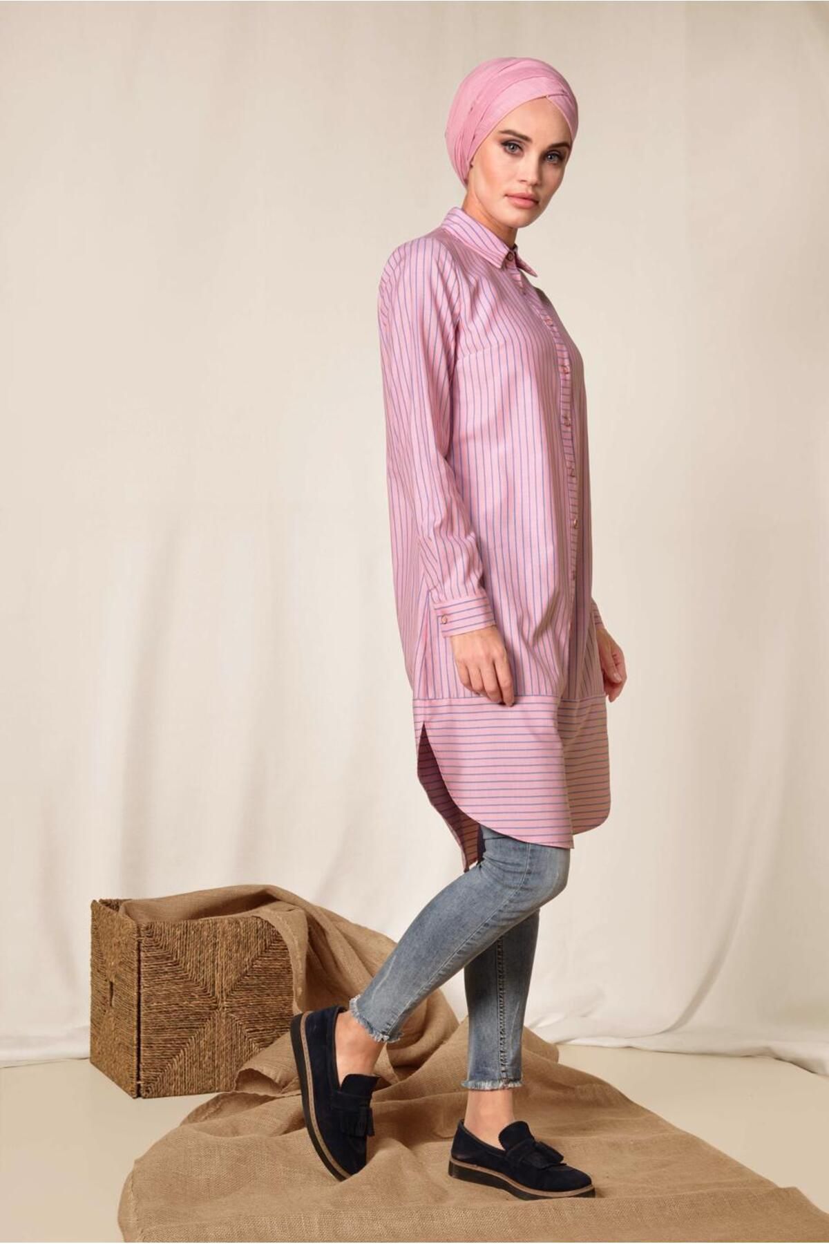 Alvina-4979 Model Buttoned Stripe Patterned Tunic 2