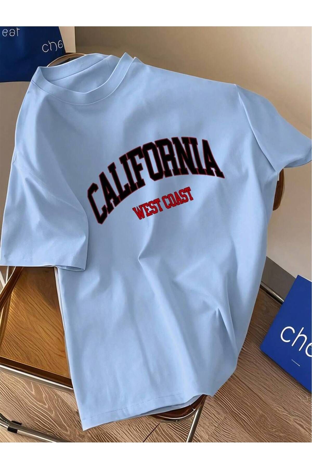 SeusCraft Bebe Mavi California W.C Tişört - Baskılı Oversize Yazlık Kısa Kol T-Shirt Bisiklet Yaka