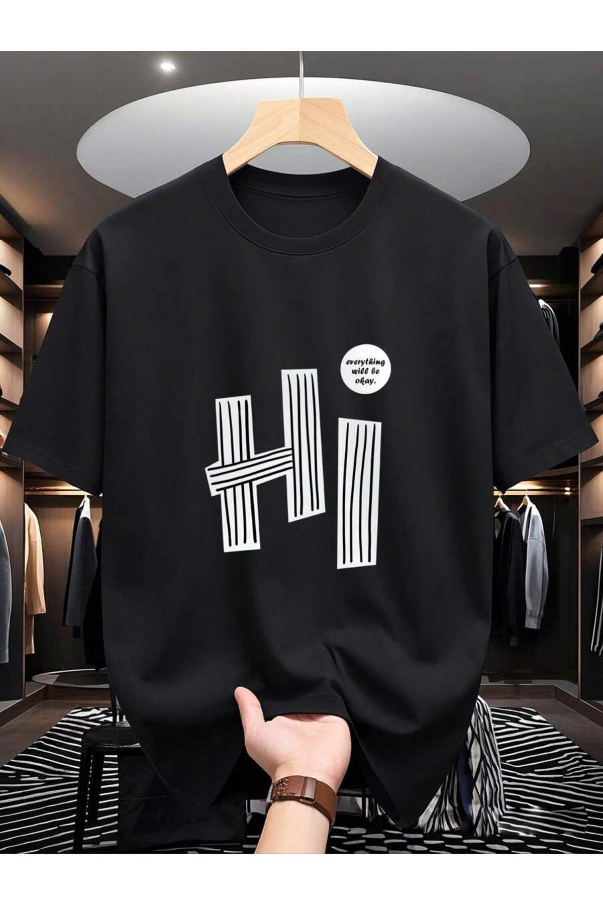 SeusCraft Siyah Hi Tasarım Tişört - Baskılı Oversize Yazlık Kısa Kol T-Shirt Bisiklet Yaka