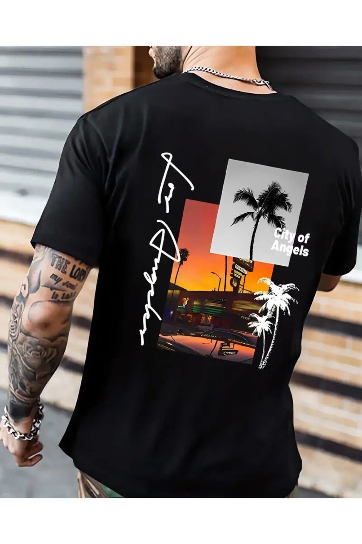 trend selection Los Angeles City Of Angels Sırt Baskılı, Oversize, Bisiklet Yaka T-shirt