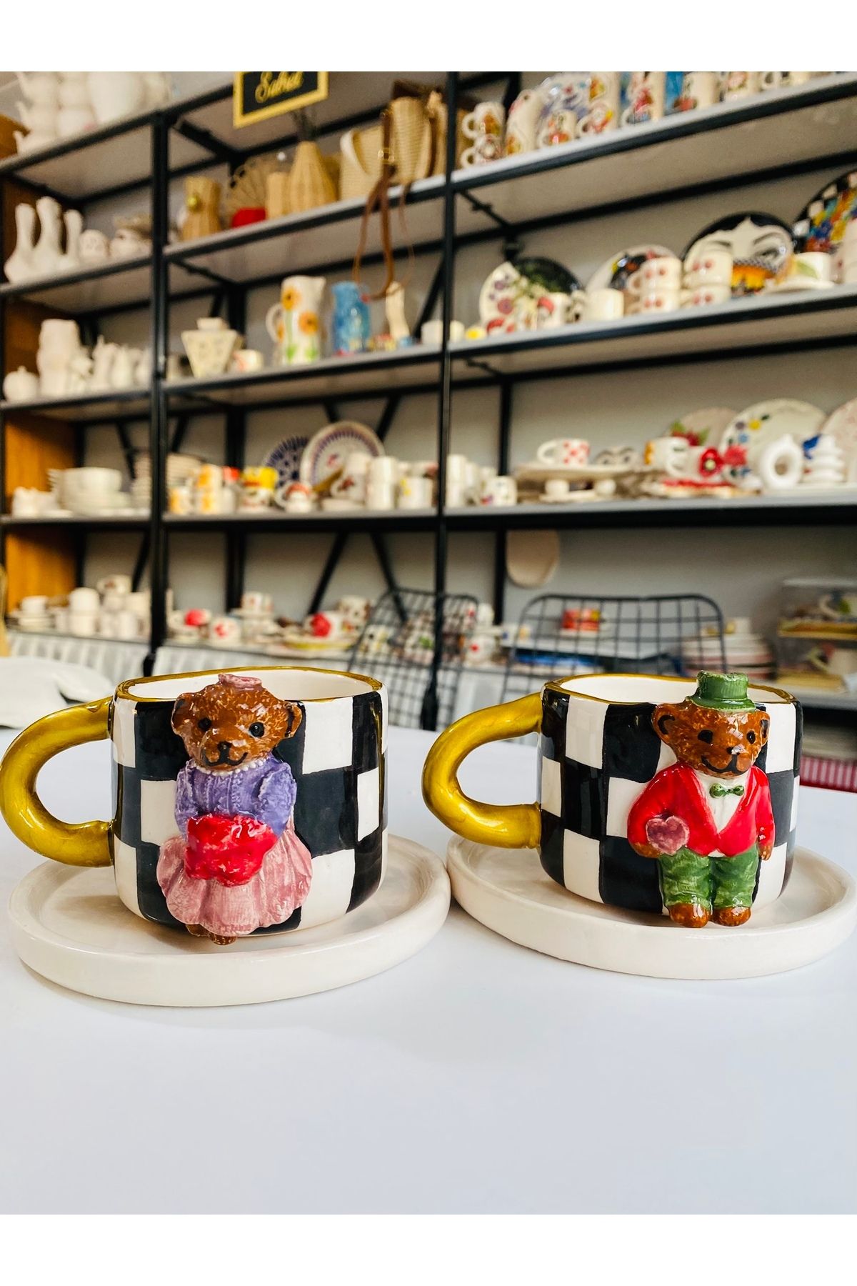 Banuart Teddy Bear Ayıcıklı 2’li hediyelik el yapımı seramik kahve fincanı