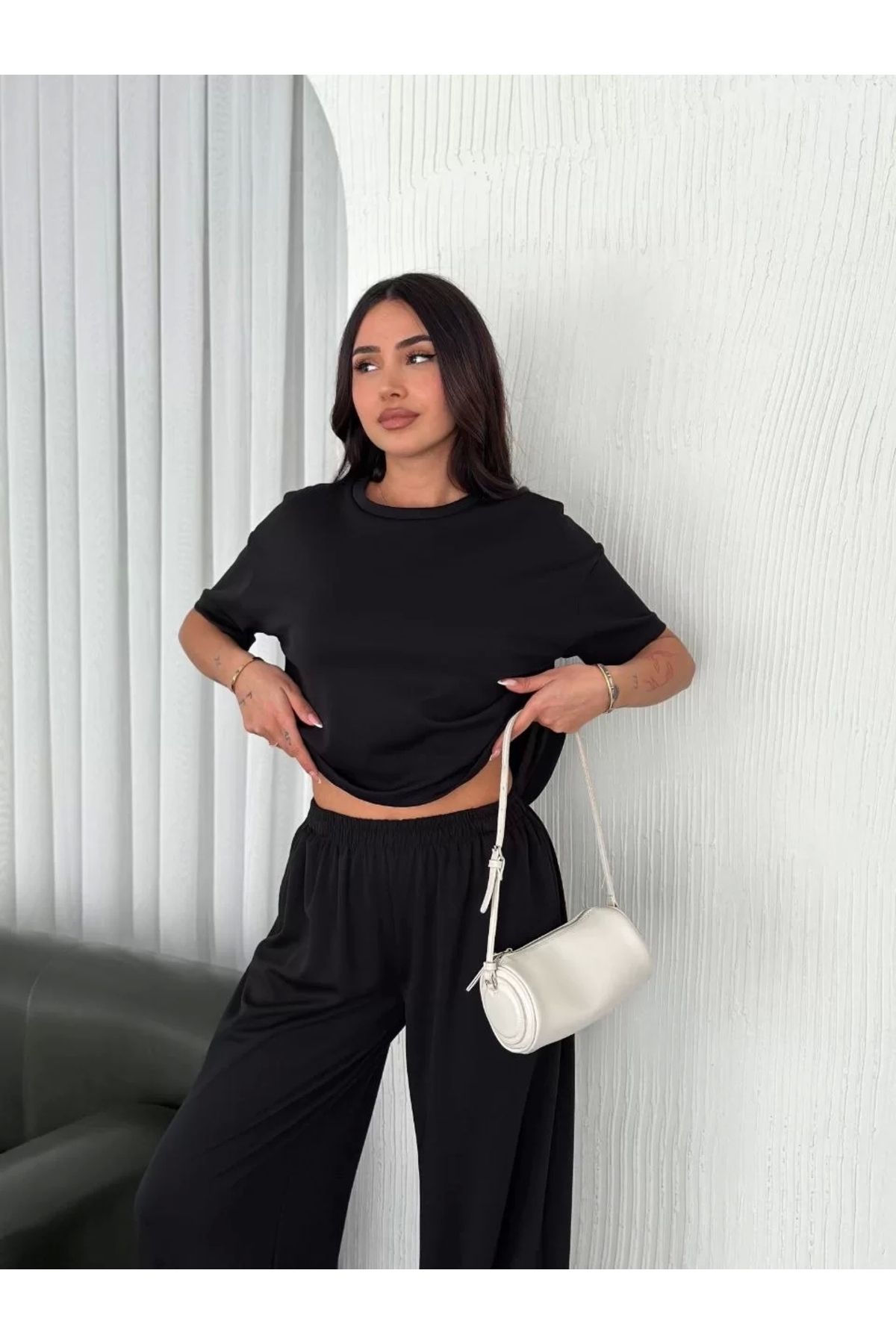 LUSHİOWEAR Osy Modal Yumuşak Dokulu Kumaş Bisiklet Yaka T-shirt Bol paça Pantalon ikili Takım -Siyah