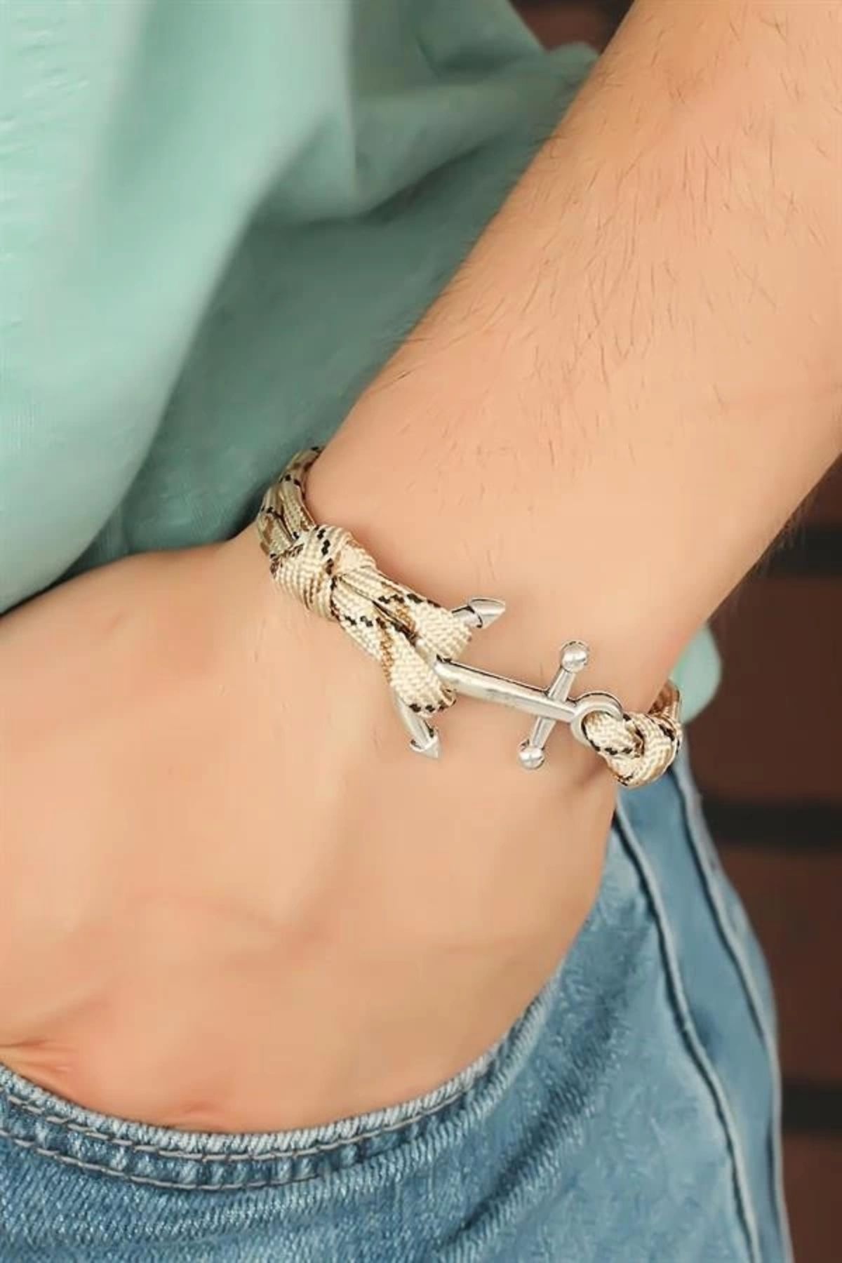FASHIONLINE Desenli Krem Metal Çapalı Erkek Bileklik