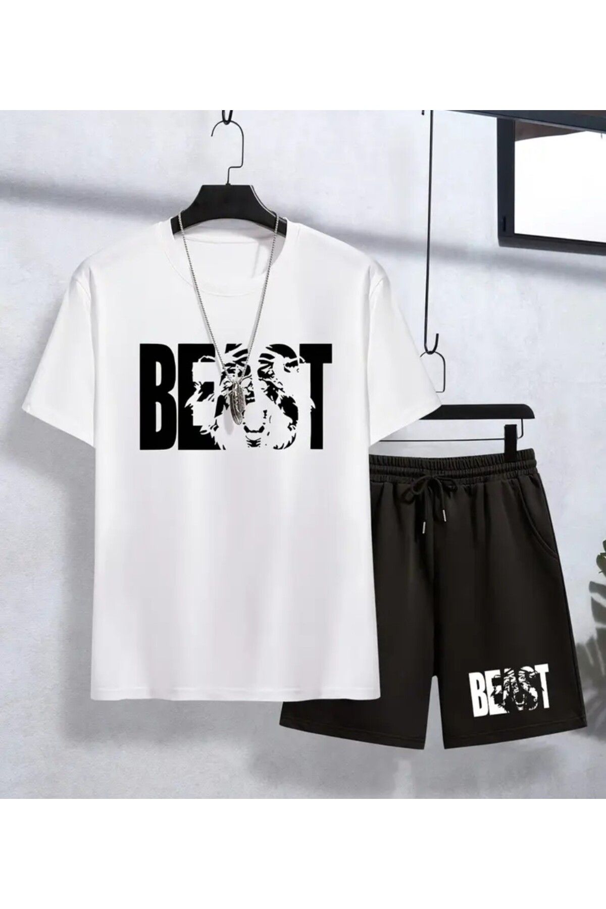 trend selection Beast Baskılı, Oversize, Bisiklet Yaka T-shirt ve Şort, Alt Üst Takım