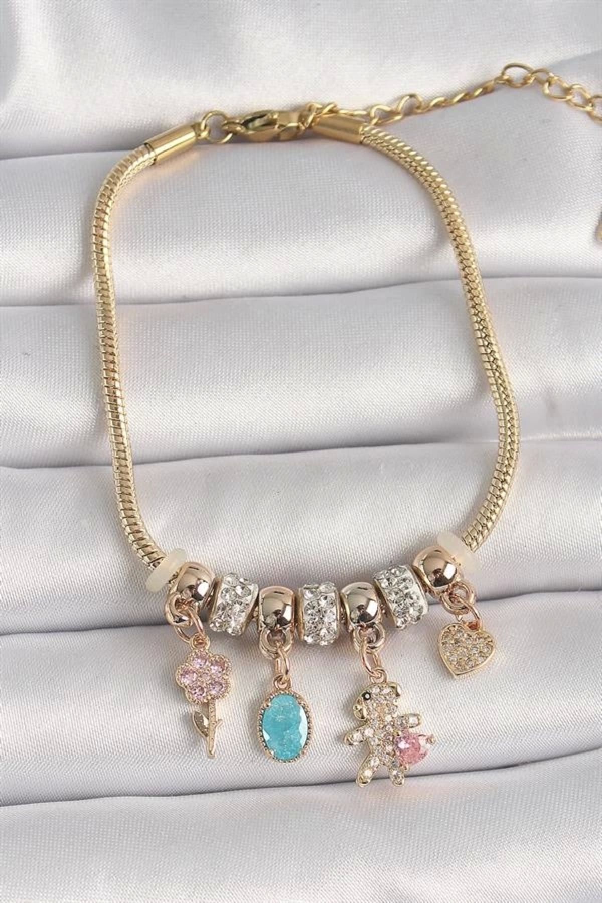 FASHIONLINE Pirinç Gold Renk Zincir Sallantı Zirkon Taşlı Ayıcık Figür Çiçek Detay Kadın Bileklik