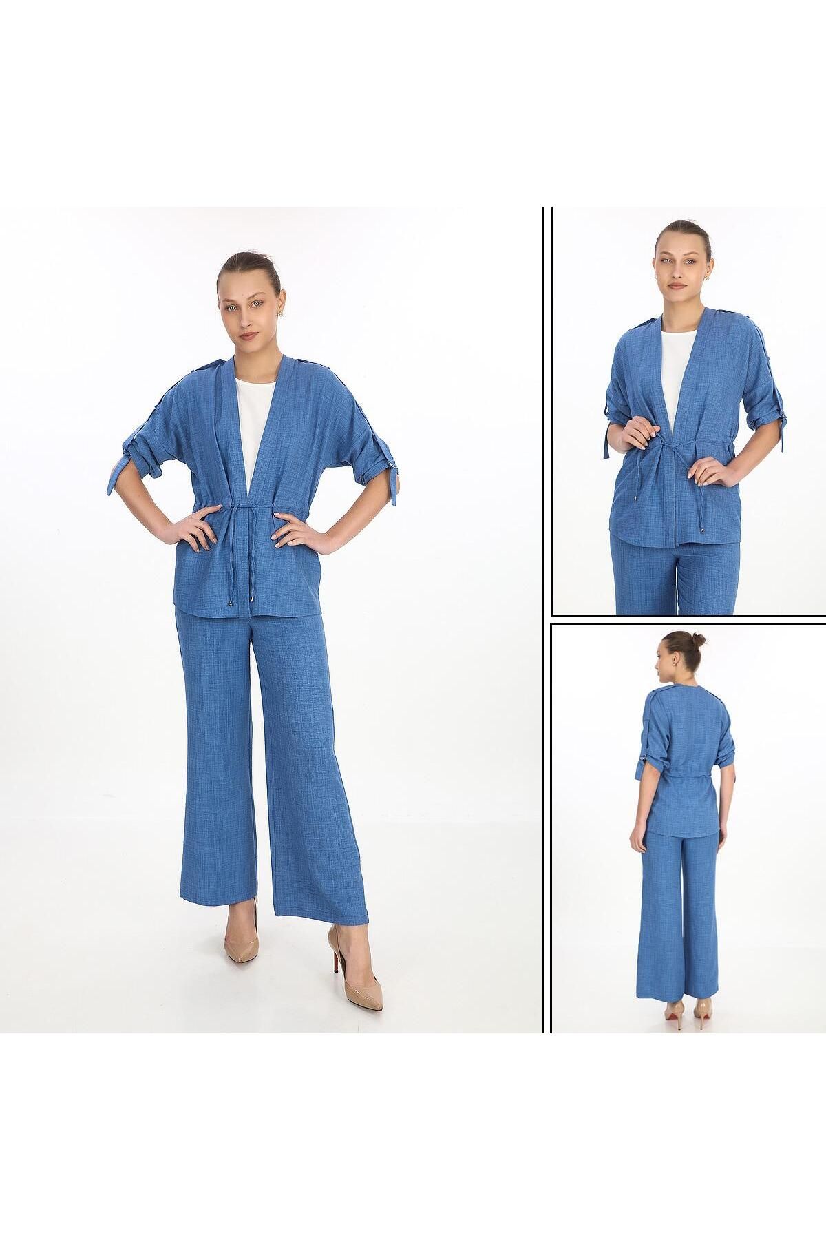 GND TEKSTİL Gnd Kadın 3’lü Yazlık Takım – Salaş Ceket + Geniş Paça Pantolon + Basic Bluz